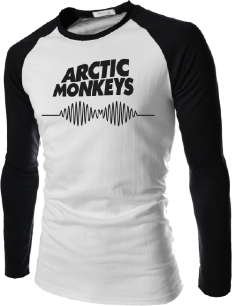 Arctic Monkeys 樂隊圖案連帽衫 壁紙 — 一件黑白棒球風格T恤，印有粗體 'ARCTIC MONKEYS' 文字和聲波圖案。