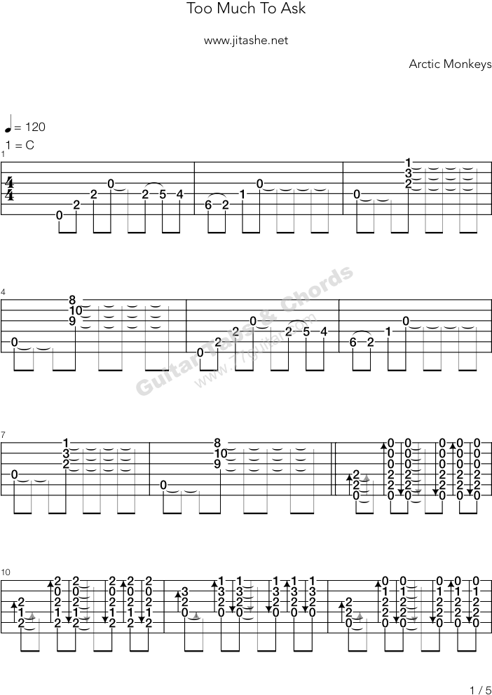 Arctic Monkeys《Too Much To Ask》吉他譜 壁紙 — 黑色背景上帶有白色斜體文字，內容為 Guitar Tabs & Chords 及網站地址。