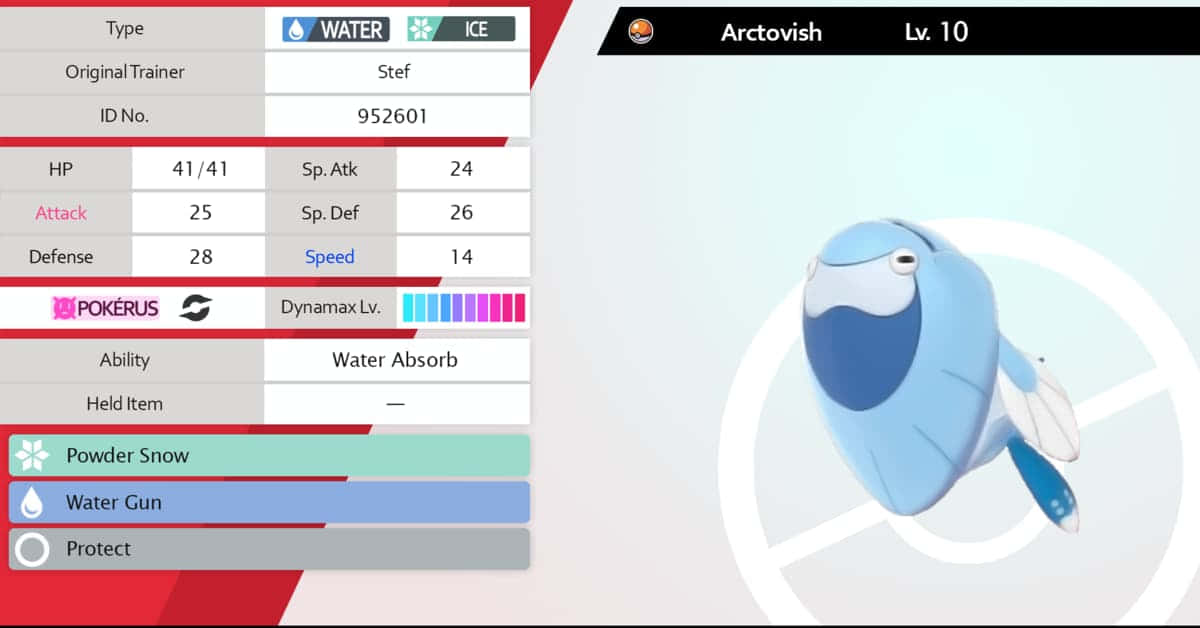 Arctovish 與寶可夢資料卡 壁紙 — 一隻藍色嘅Arctovish Pokémon漂浮喺佢詳細嘅數據畫面旁邊，以Pokédex風格介面顯示。