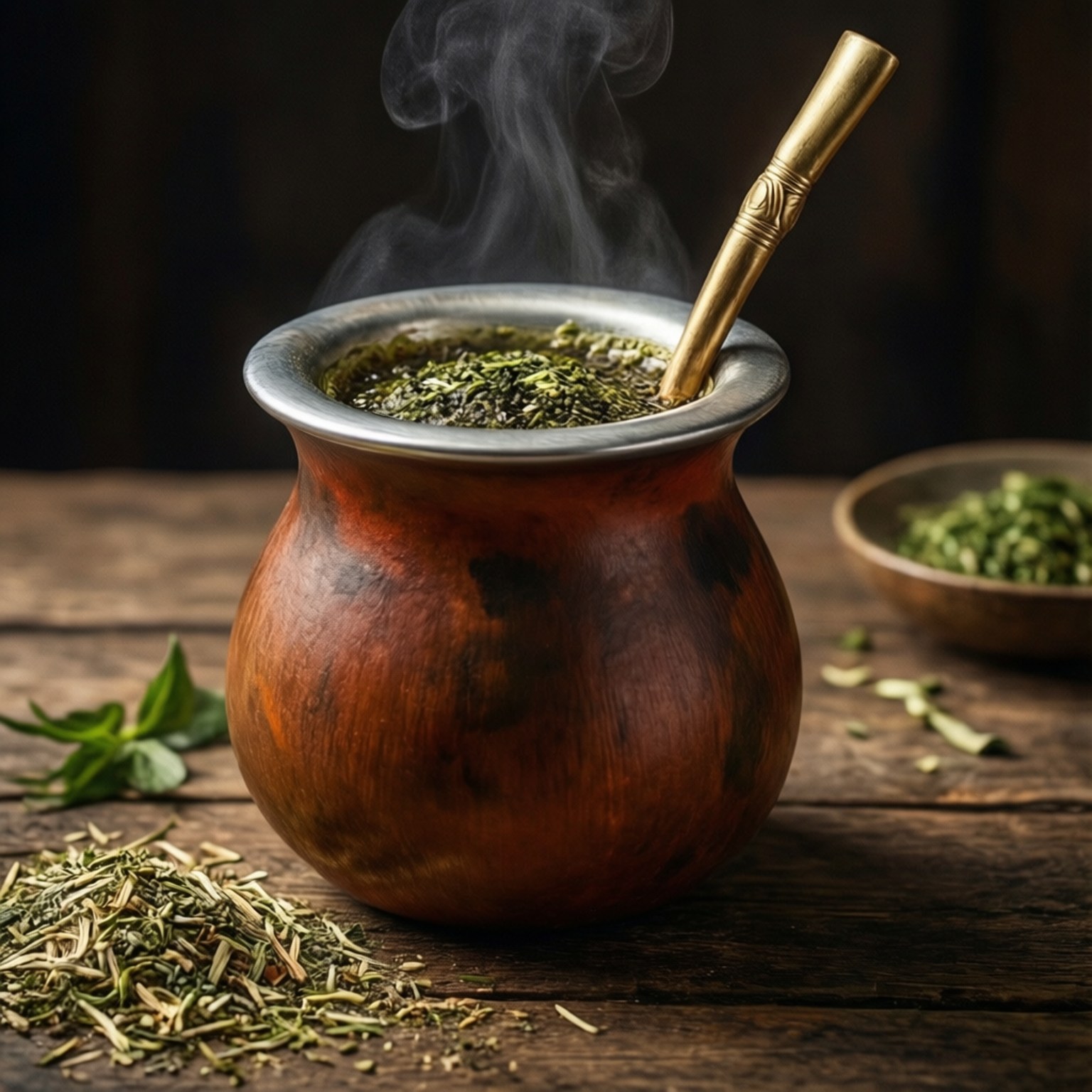 冒著蒸氣的馬黛茶杯與金色吸管在木桌上，伴有鬆散馬黛茶葉