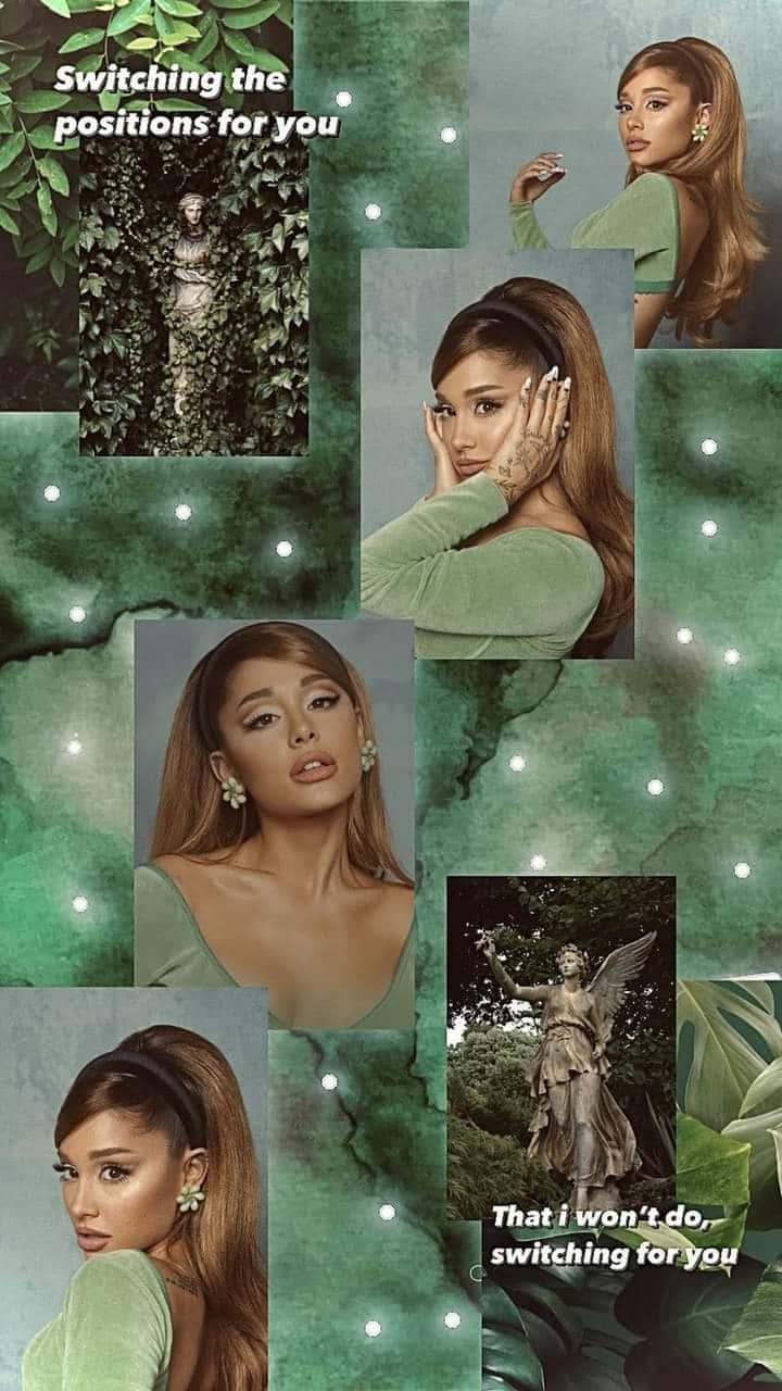  壁紙 — Ariana Grande 的拼貼畫，穿著綠色服裝，搭配雕像和樹葉，背景為藍綠色，帶有串燈。