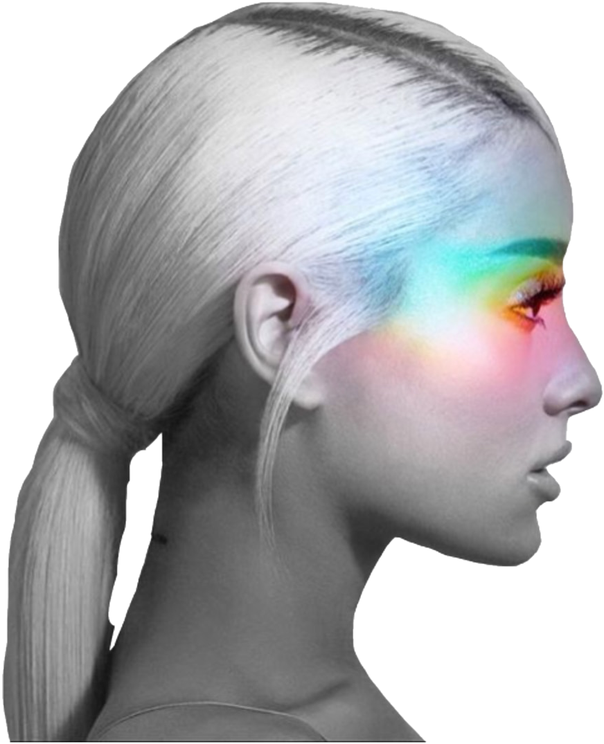Ariana Grande彩虹光澤側影 壁紙 — 一位女性的側面輪廓，白髮，額頭上帶有彩虹光芒，背景為黑色。