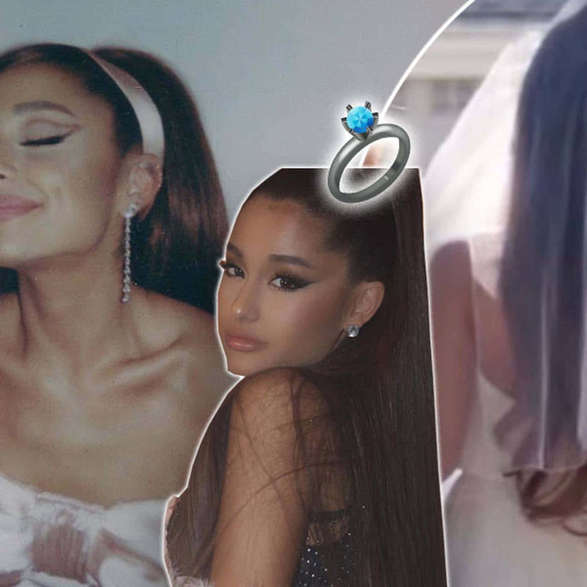 Ariana Grande 身穿白色連衣裙和鑽石耳環，頭頂上方漂浮著一枚藍色鑽石戒指。