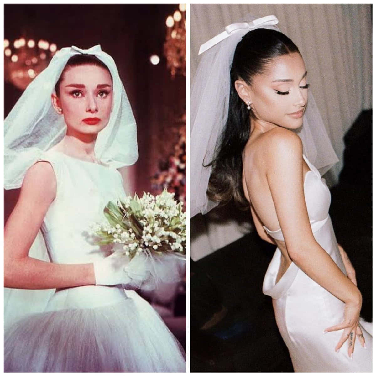 柯德莉·夏萍和亞莉安娜·格蘭德身穿婚紗，戴著頭紗，手持花束。