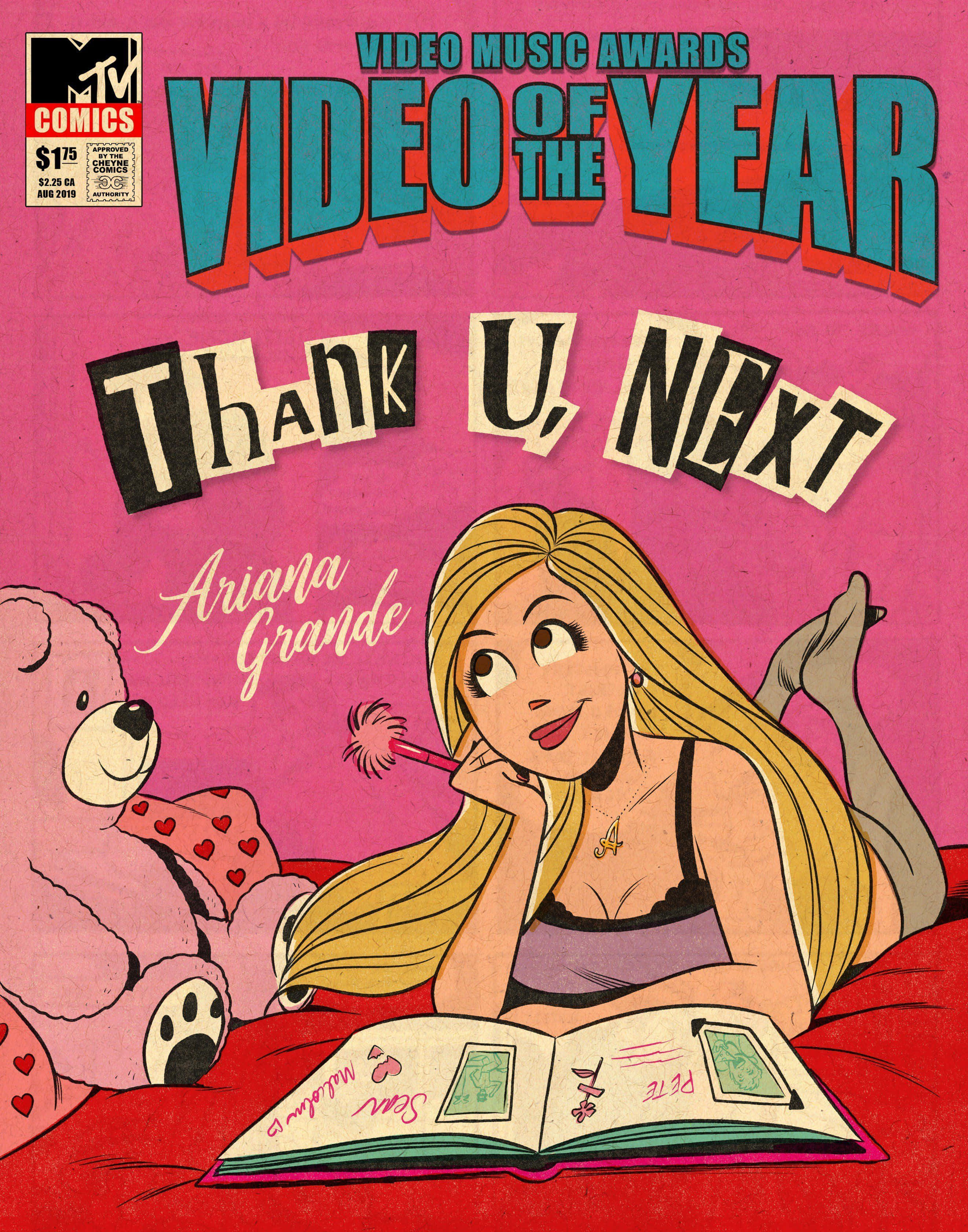 Cartoon Poster 桌布 壁紙 — Ariana Grande 的卡通插圖，她躺在一張紅色的床上，有一隻粉紅色泰迪熊拿著心形圖案的枕頭，在充滿活力的粉紅色背景下閱讀一本名為《Thank U, Next》的書。