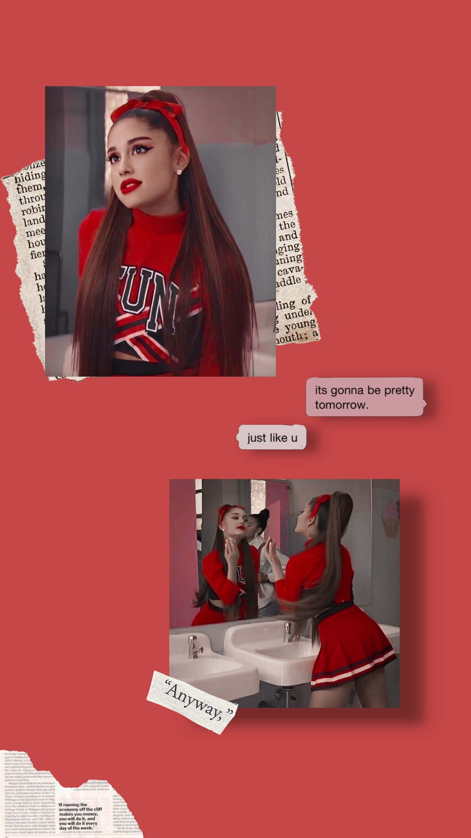 Aesthetic Ariana Grande 桌布 壁紙 — Ariana Grande 穿著紅色啦啦隊服裝擺姿勢，在鮮紅色背景上對著撕碎報紙拼貼的鏡子看。