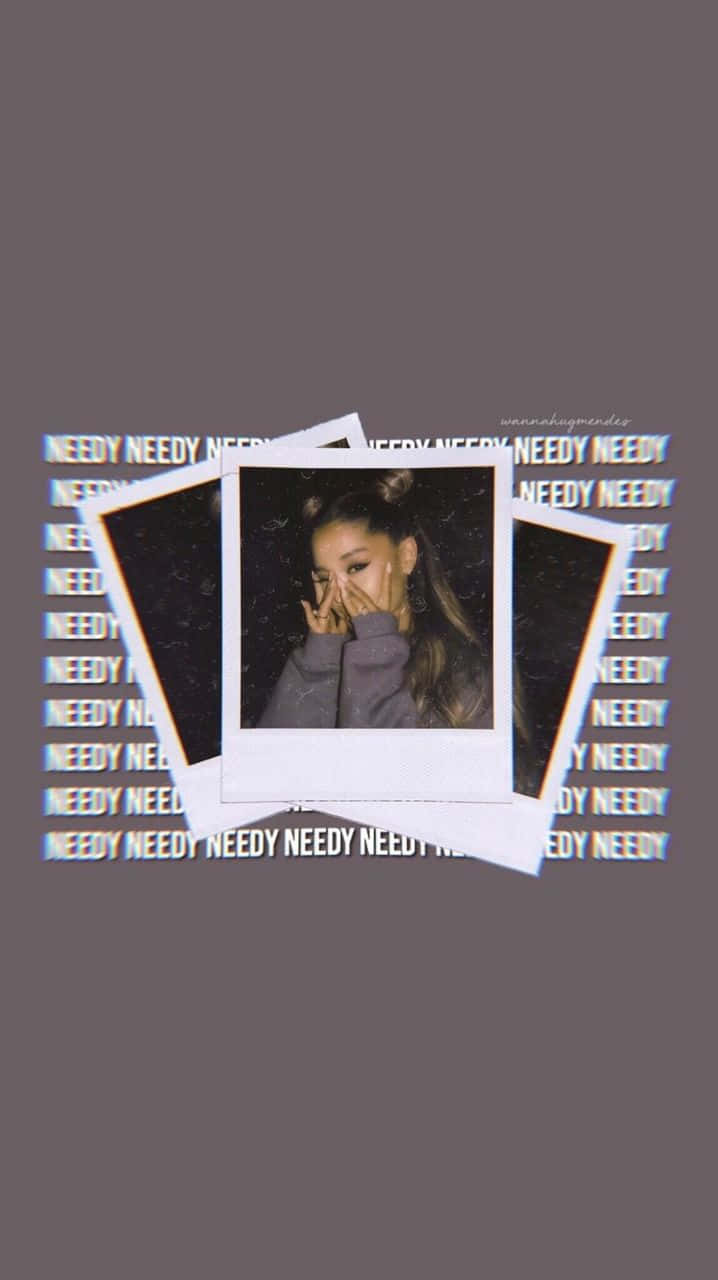Ariana Grande 的寶麗來照片，帶有 'NEEDY' 文字以故障效果重複顯示。