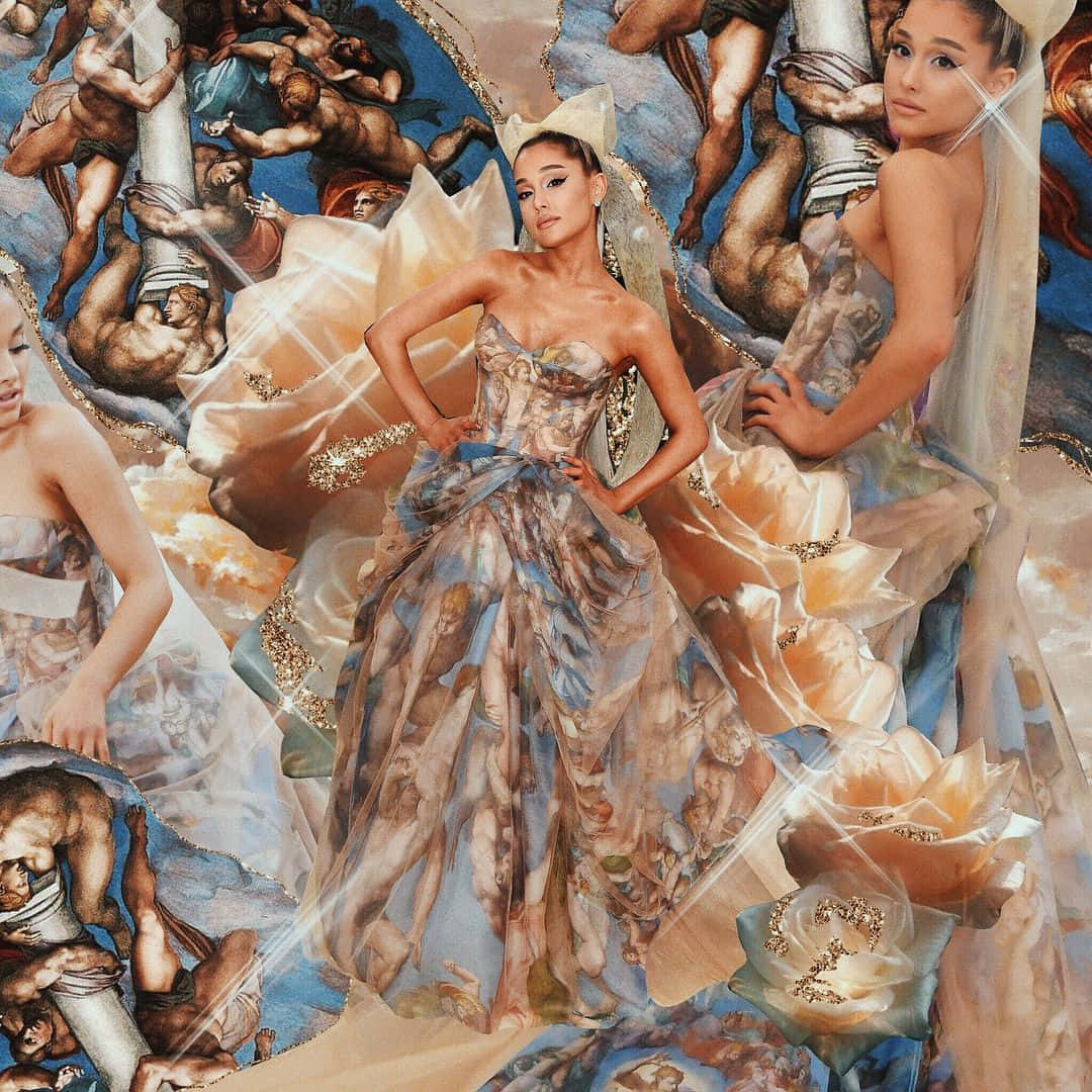 Met Gala 桌布 壁紙 — Ariana Grande 自信地擺姿勢，身穿印有文藝復興壁畫藝術的飄逸長袍，背景是古典人物。