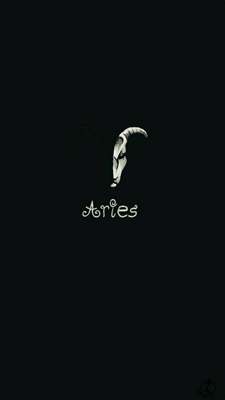 半亮面 Aries 風格肖像 壁紙 — 一個極簡風格的白色公羊頭和「Aries」文字在純黑色背景上發光。