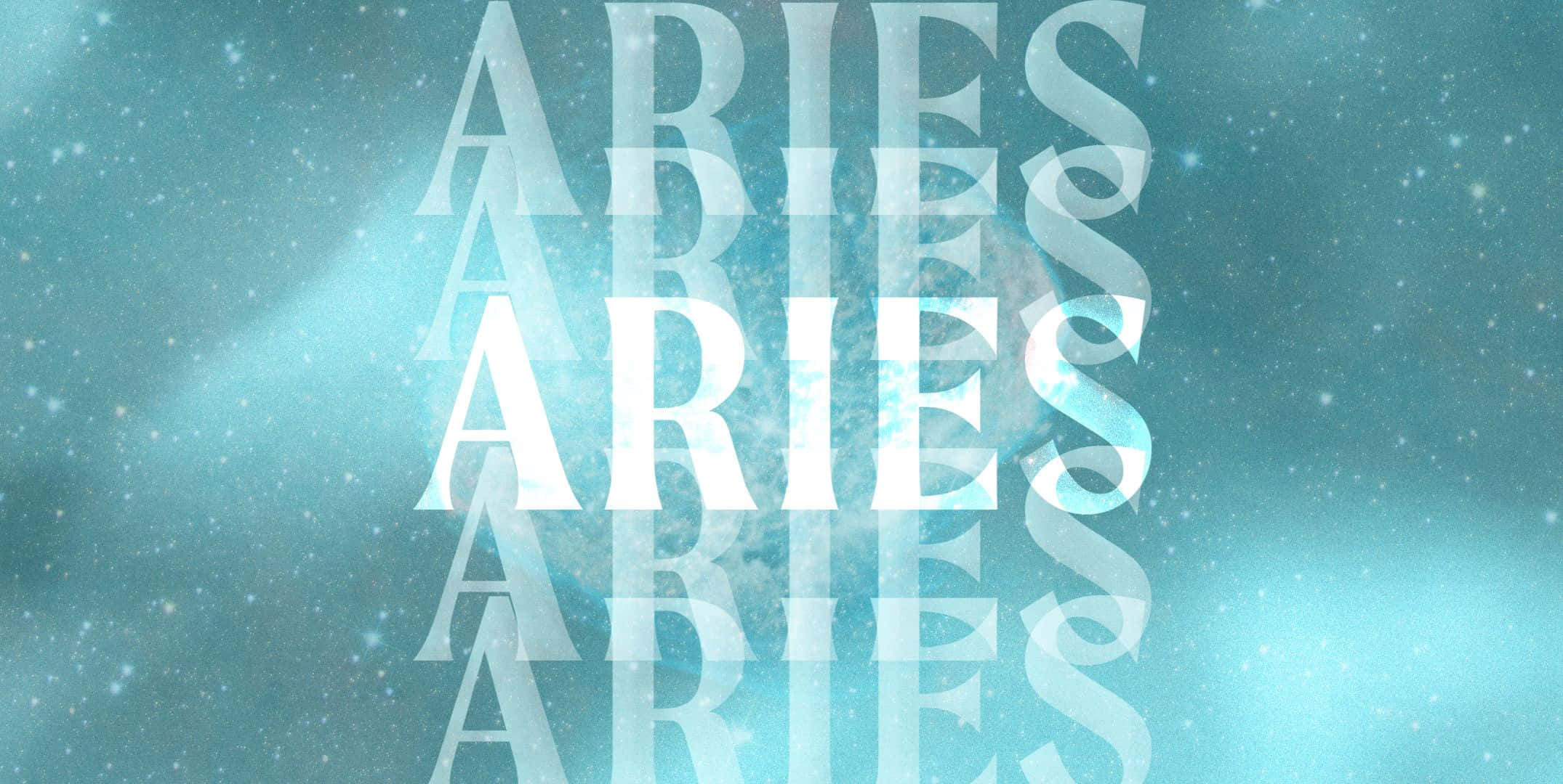 白羊座 桌布 壁紙 — ARIES 這個詞以粗體白色字母在發光的青綠色宇宙背景上重複，背景散佈著星星。