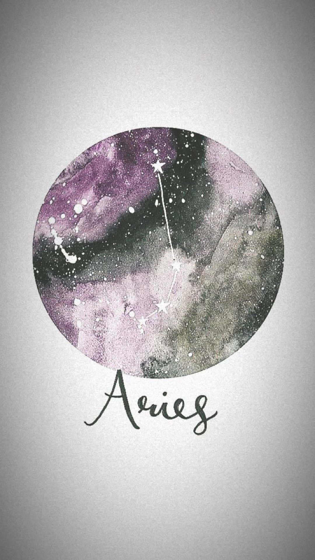 Aries星座主題iPhone壁紙 壁紙 — 水彩圓圈描繪了白羊座星座，帶有紫色、灰色和白色的宇宙漩渦以及白色星星，背景為淺灰色。