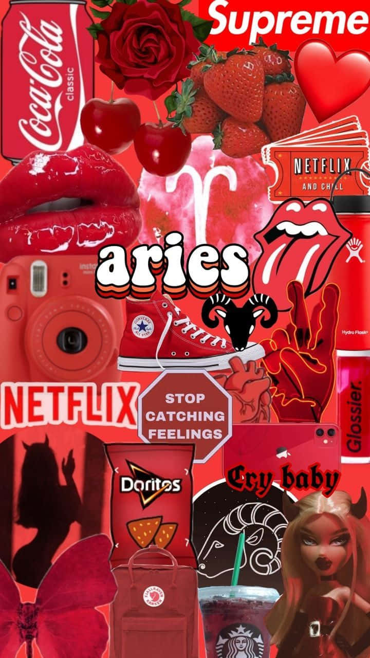 Aries星座iPhone紅色美學拼貼壁紙 壁紙 — 充滿活力的紅色拼貼畫，包含可口可樂玫瑰、草莓、嘴唇、Supreme標誌和牡羊座星座符號。
