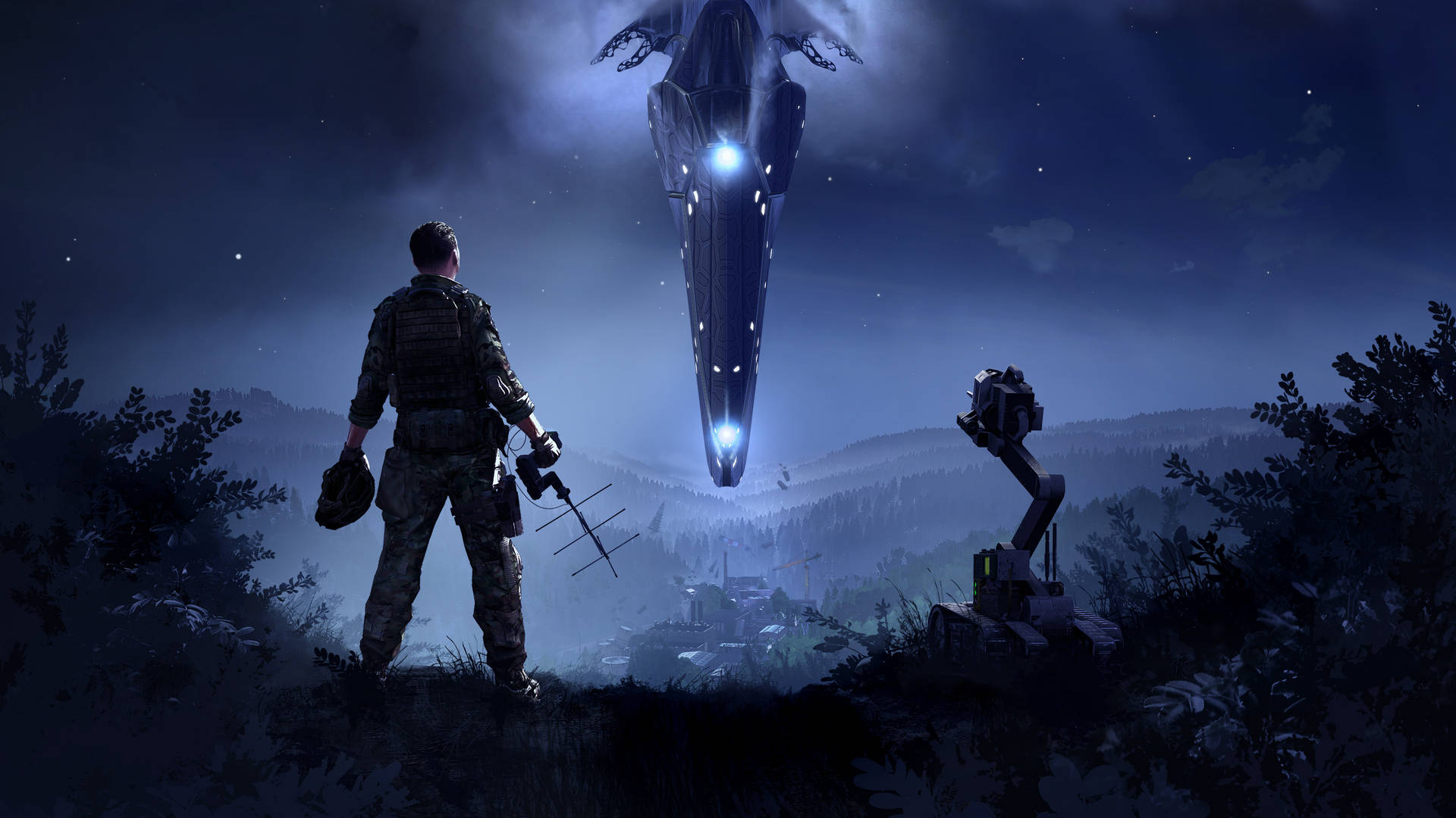 士兵和機器人夜晚觀看村莊上空的外星飛船