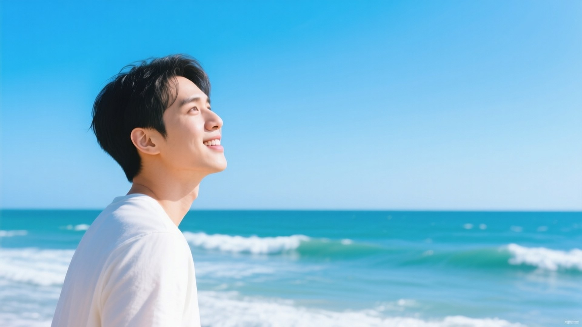 年輕男子在陽光明媚的海灘上對著海洋微笑