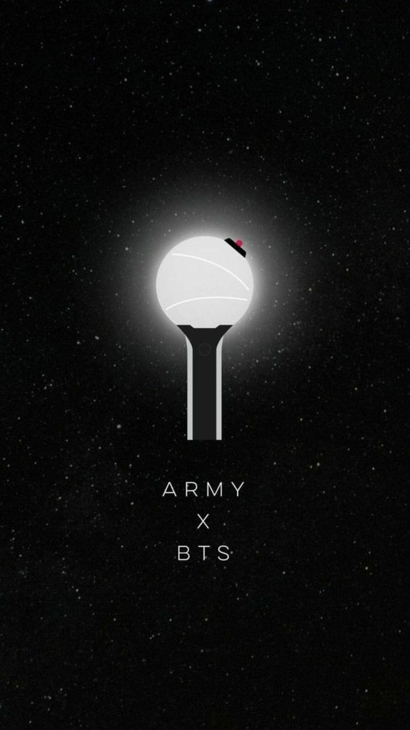 ARMY X BTS 黑色美學 壁紙 — 一座極簡風格的發光白色塔樓，頂部有一顆紅色心形，矗立在繁星點點的黑色夜空下，下方有「ARMY x BTS」文字。