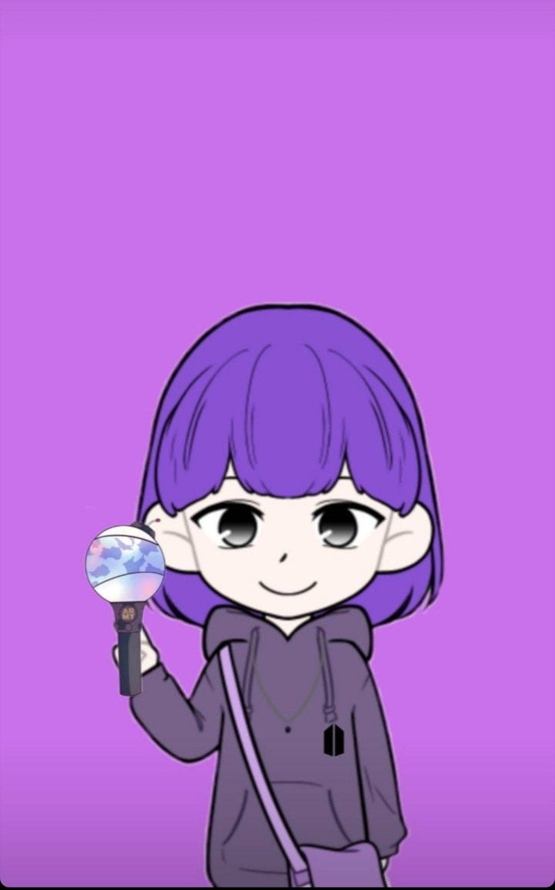 紫色頭髮嘅動漫女仔喺紫色背景前揸住螢光棒