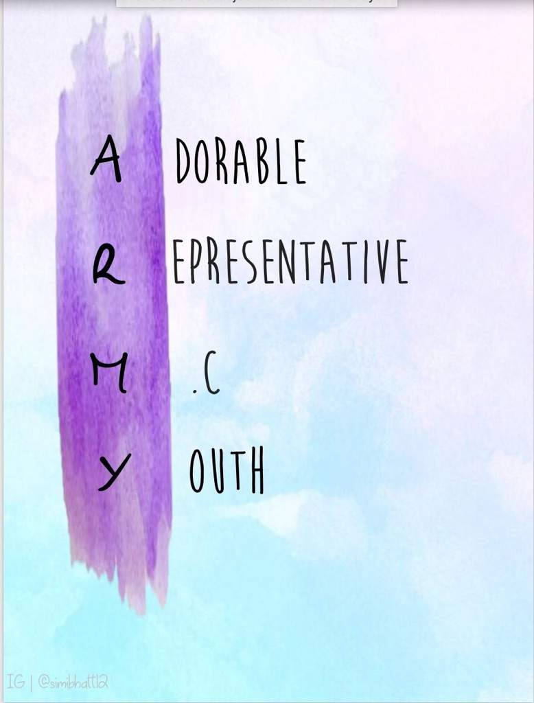 水彩背景，帶有紫色和藍色雲朵以及手寫文字 Army Adorable Representative .C OUTH