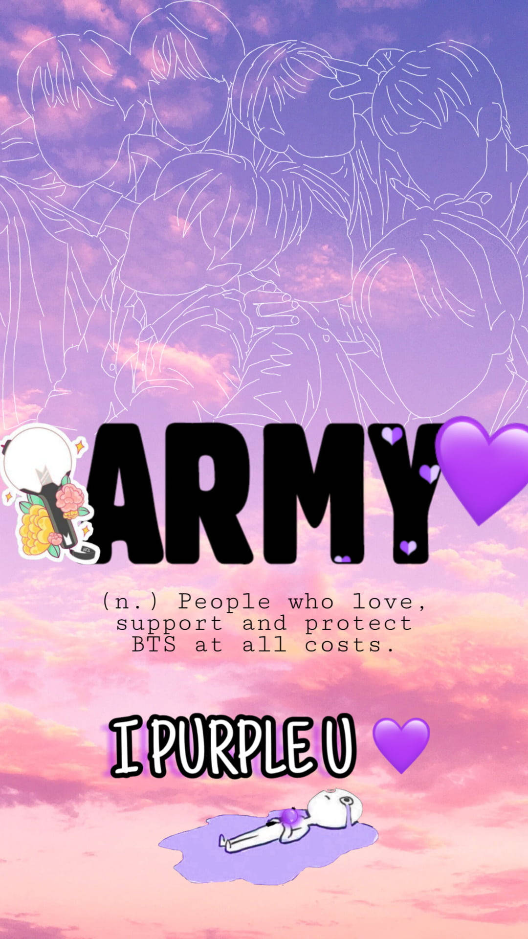 BTS粉絲社群ARMY定義，在粉彩天空背景下帶有紫色心形和動漫角色。