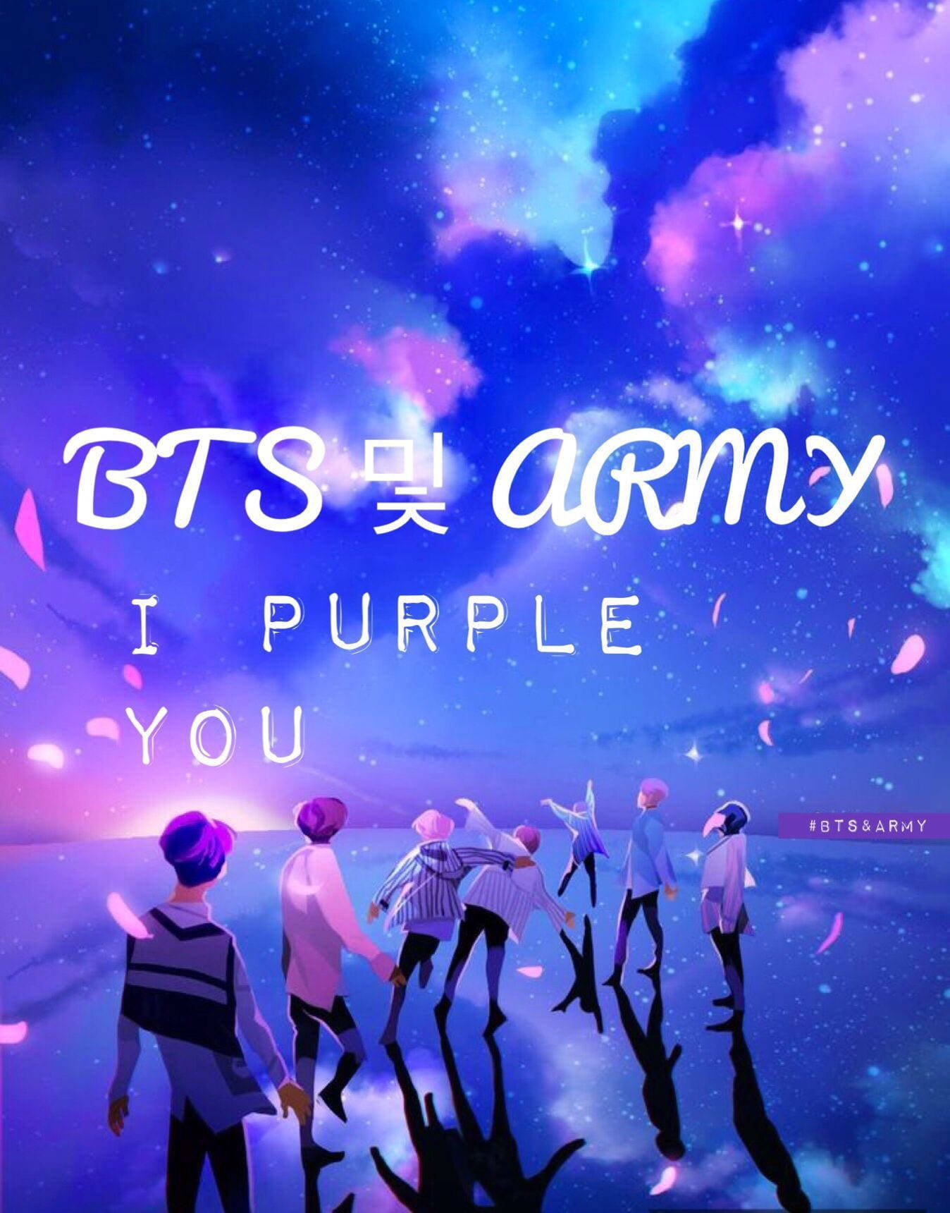 BTS 和 ARMY 在紫色星空下，有發光的雲朵和漂浮的花瓣。