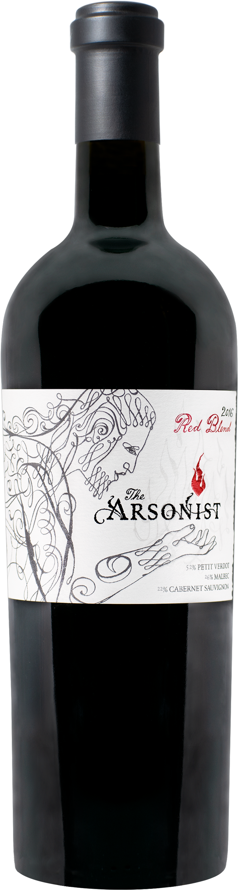 Arsonist 2014紅酒瓶 壁紙 — 一個時尚的深色酒瓶，帶有白色標籤，上面有精緻的臉部線條藝術插圖和品牌名稱 The Arsonist。