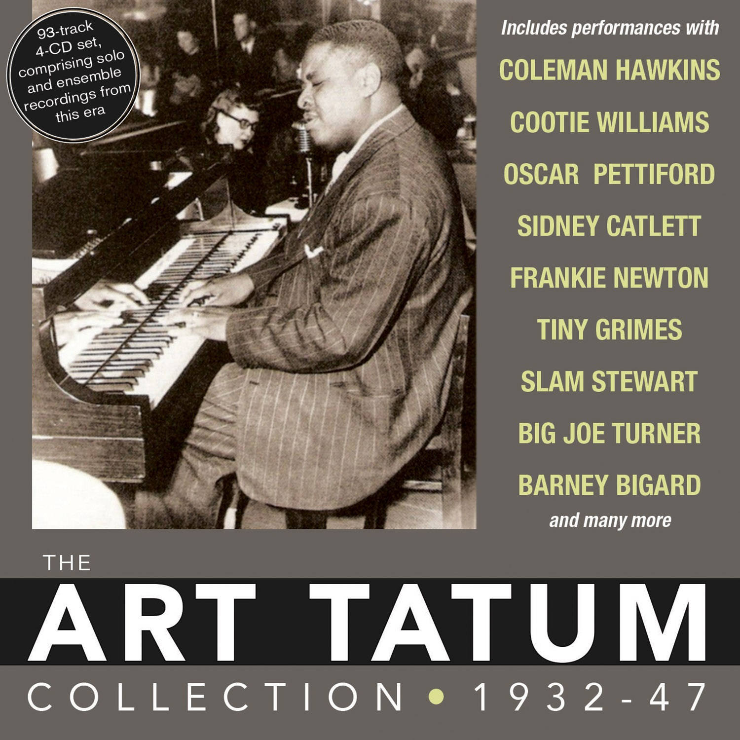 Art Tatum 結集 1932 至 47 年專輯 壁紙 — 一張黑白照片，爵士鋼琴家 Art Tatum 正在彈奏三角鋼琴，身後有一位女士在彈鋼琴。