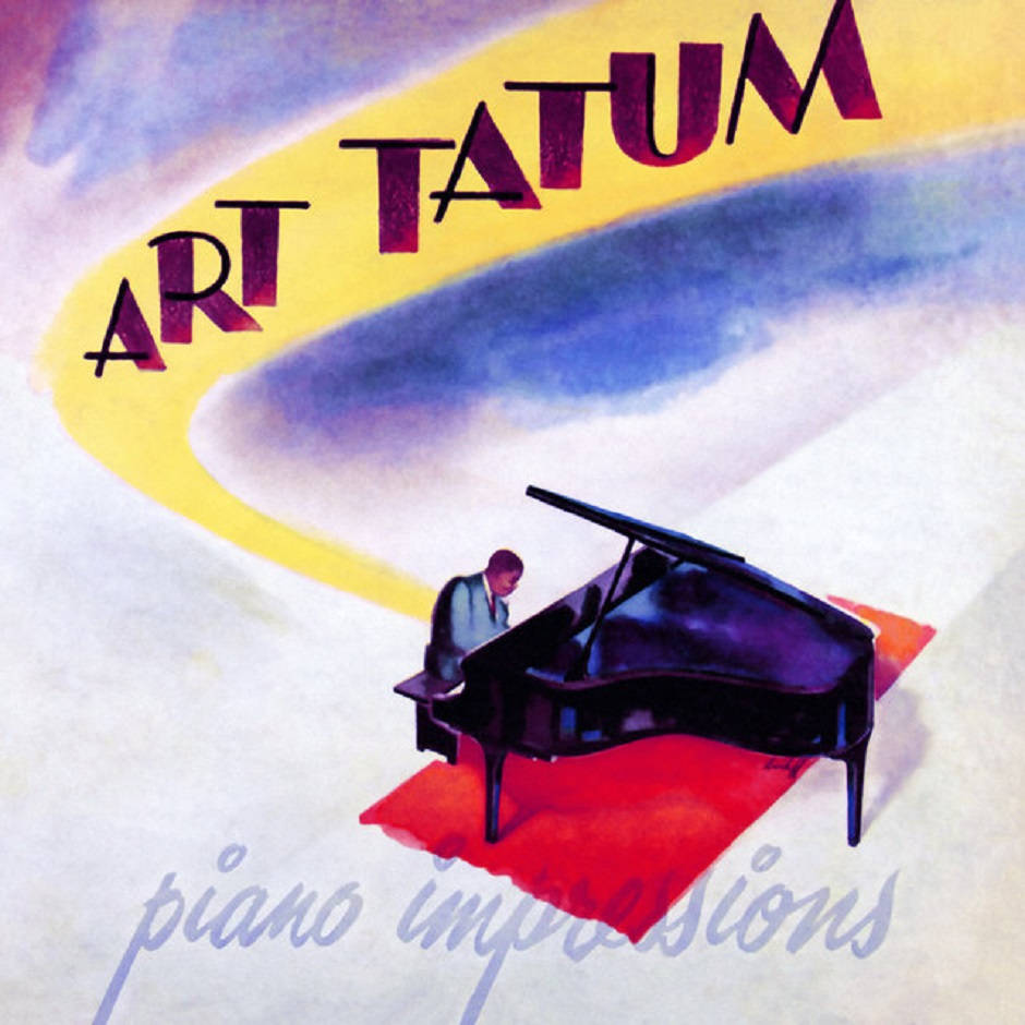 Art Tatum Piano Impressions 專輯 數位藝術 壁紙 — 一幅水彩插圖，描繪一名男子在紅色地毯上彈奏三角鋼琴，背景是旋轉的黃藍色天空。