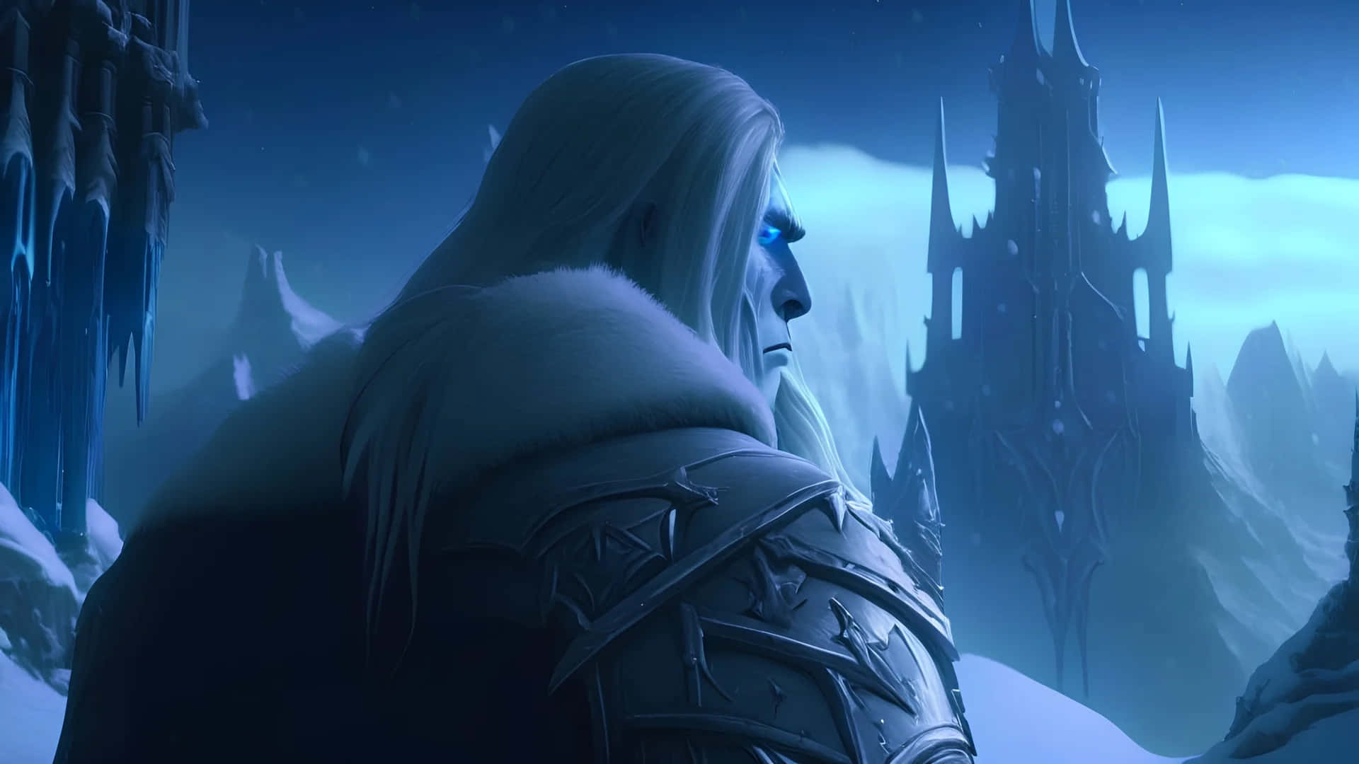 Arthas Menethil 冰冠城堡 壁紙 — 一個孤獨的裝甲人物，擁有發光的藍色眼睛，站在雪景中，凝視著暮色天空下黑暗尖刺的城堡。