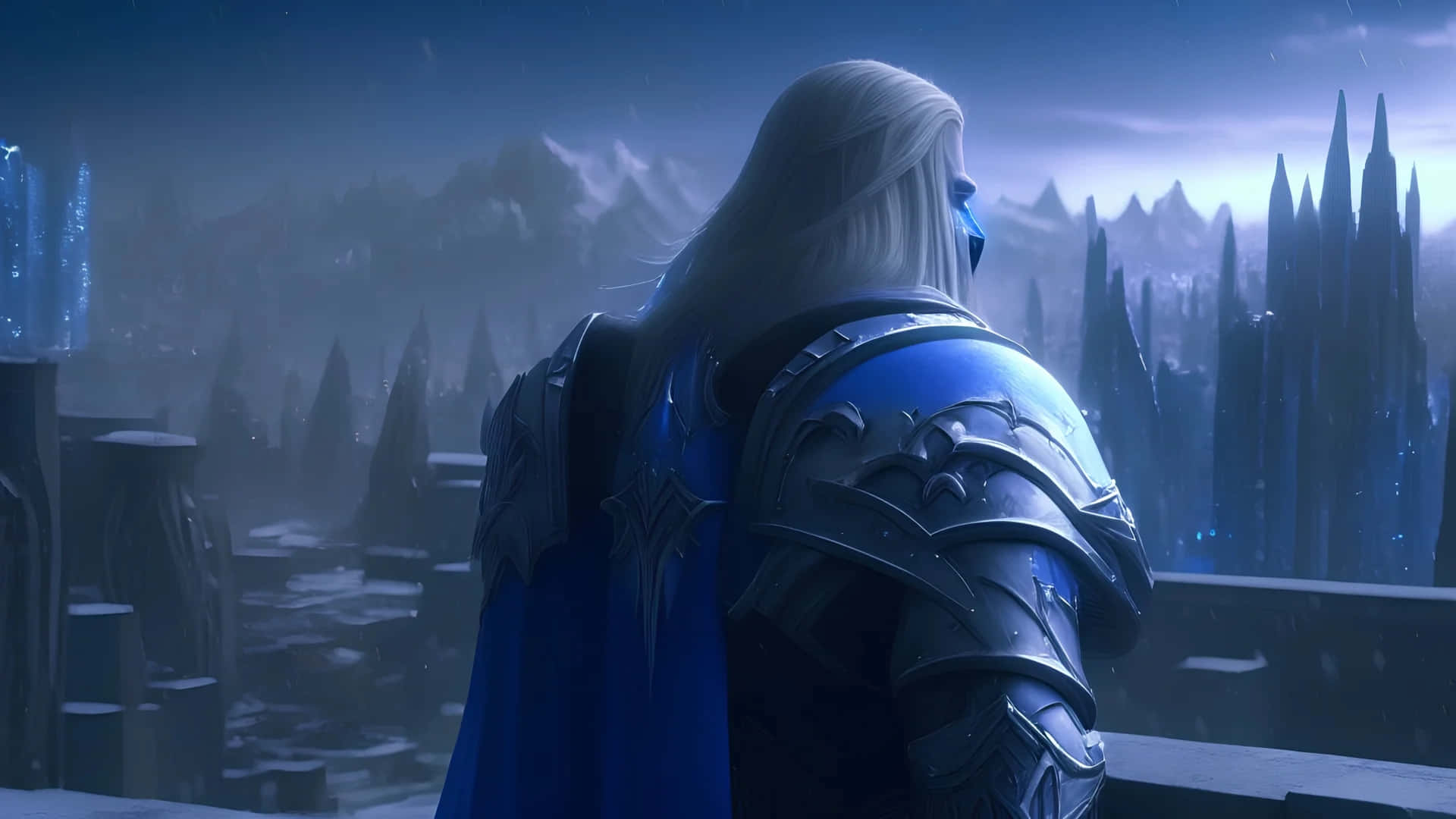 Arthas 凝視冰冠城堡 壁紙 — 一位孤獨的白髮裝甲戰士站在雪地邊緣，俯瞰著暮色天空下冰凍、尖刺的城市景觀。