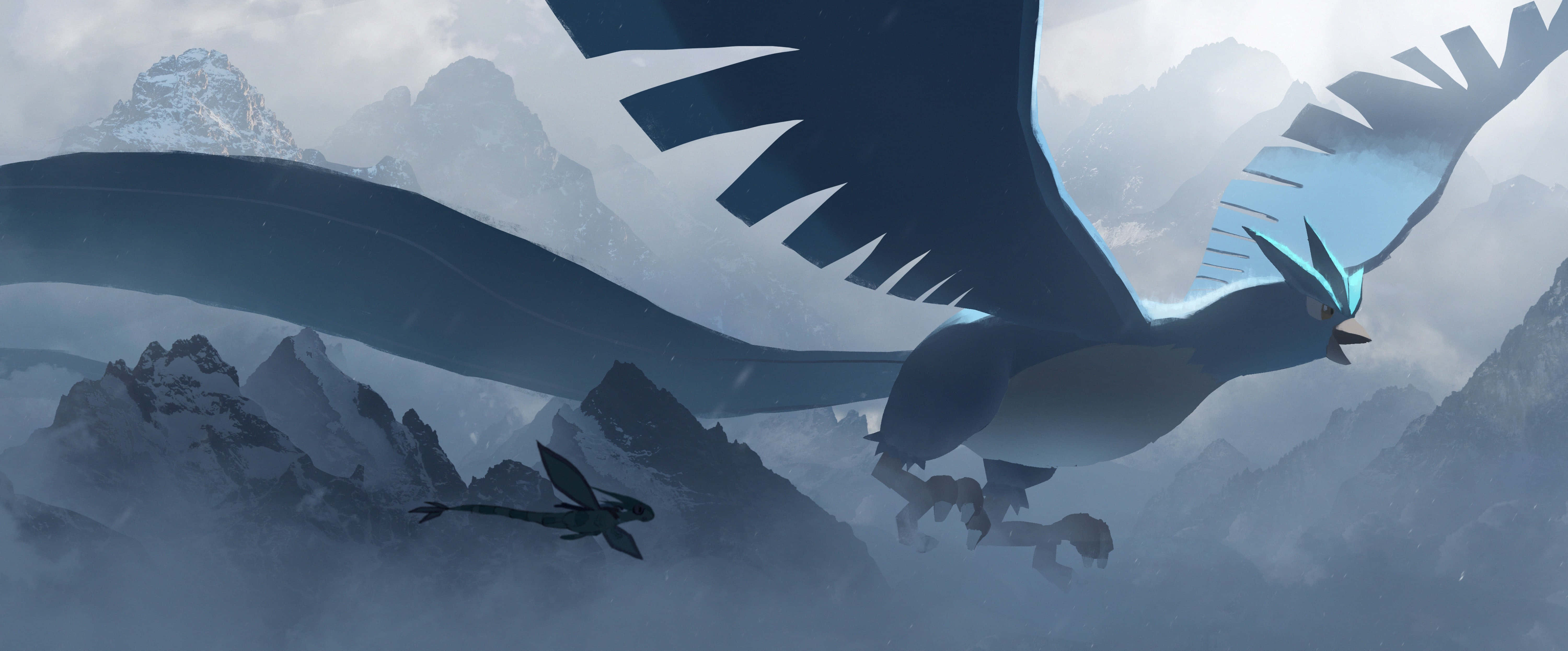 Articuno 與 Flygon 的剪影 壁紙 — 一隻雄偉的藍色鳥類生物在白雪覆蓋的山峰上空翱翔，一隻較小的黑暗生物在牠下方飛翔。