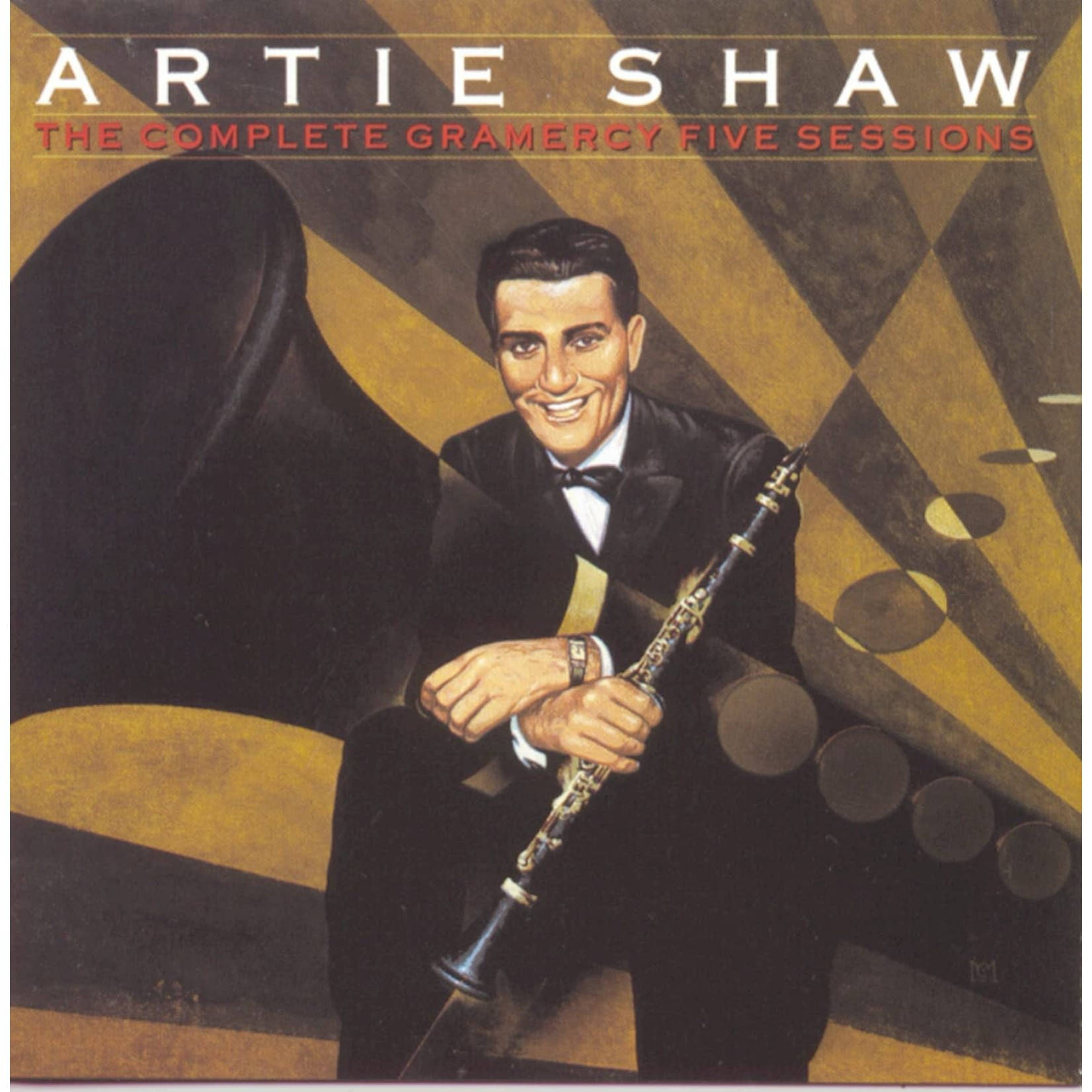 Artie Shaw 穿著禮服喺幾何黃色黑色背景前揸住單簧管