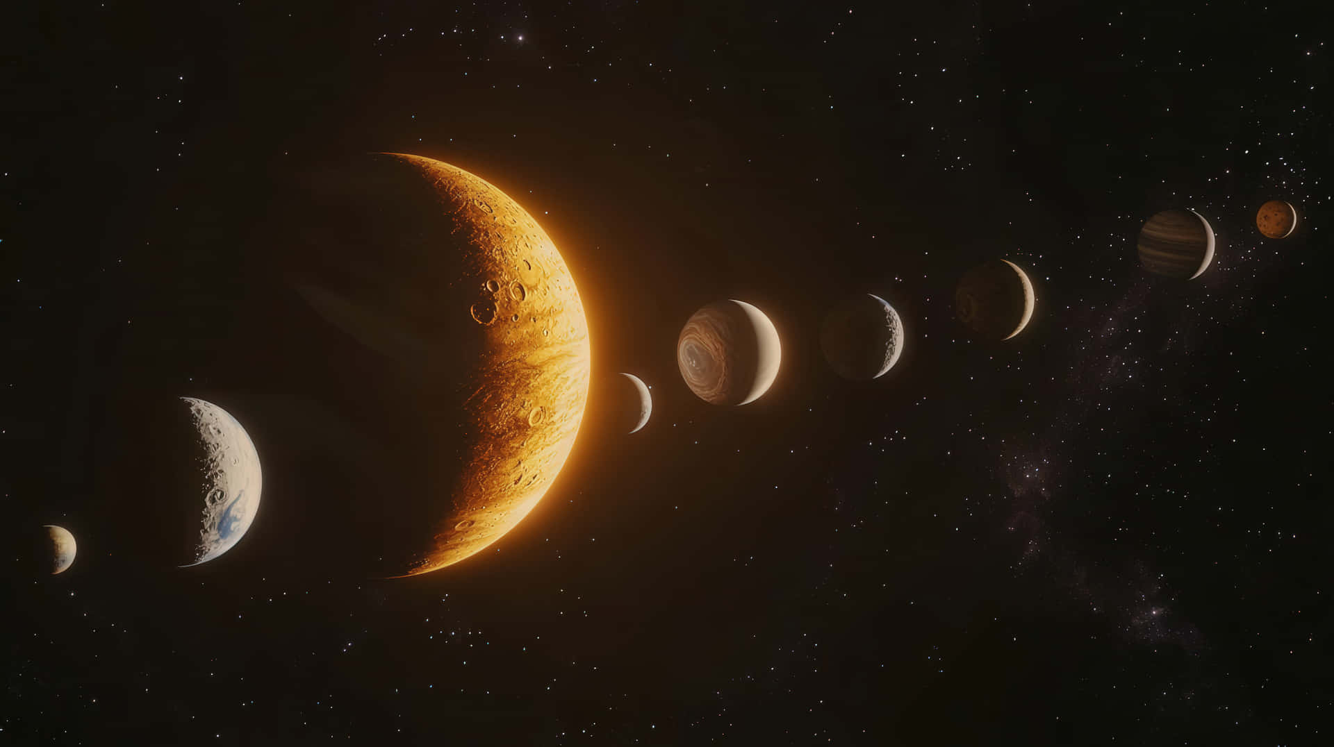 一排行星在陽光下發光，背景是佈滿星星的太空