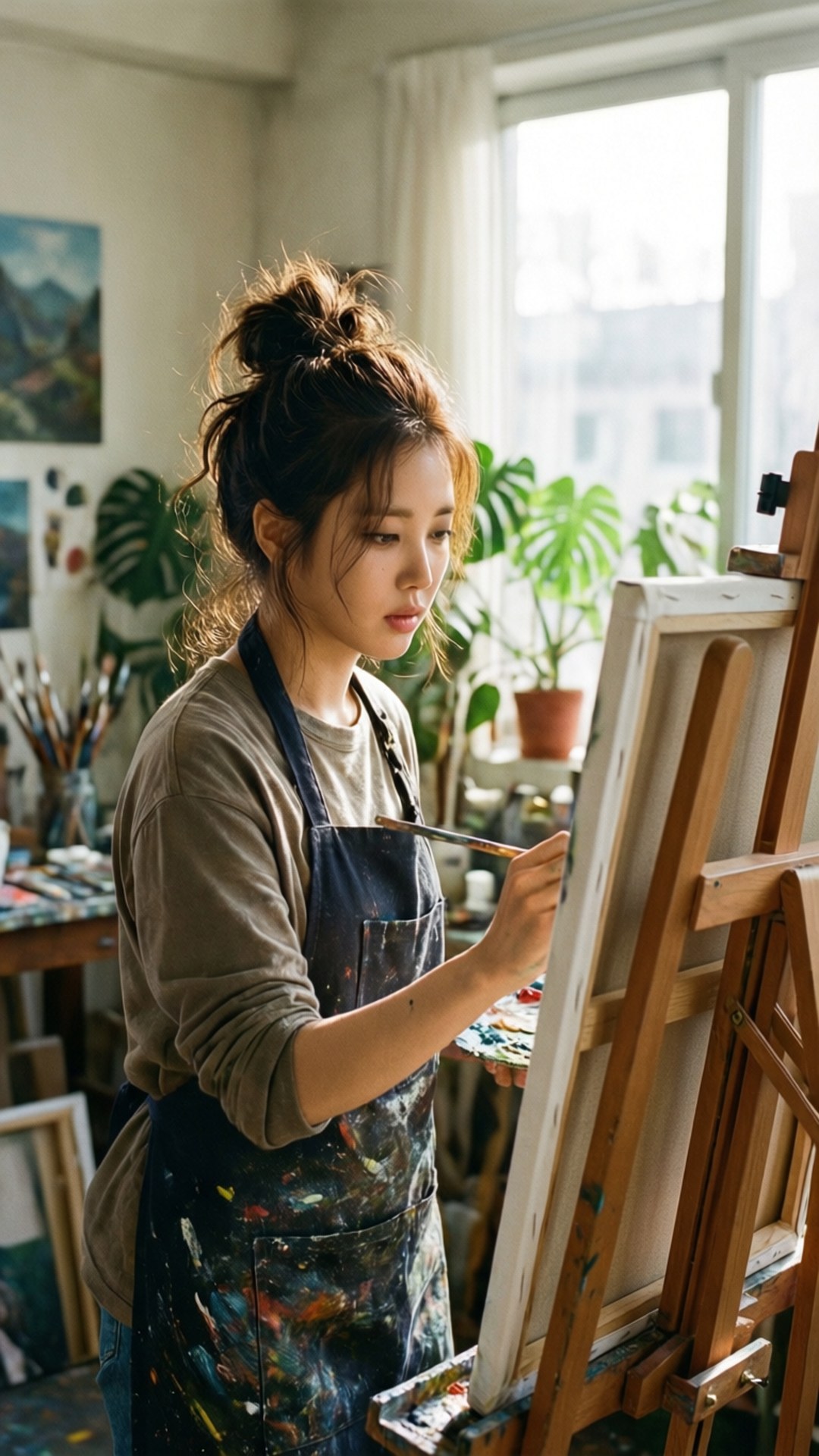 一位穿著沾滿油漆圍裙的女性在明亮的畫室裡在畫布上繪畫，周圍有植物