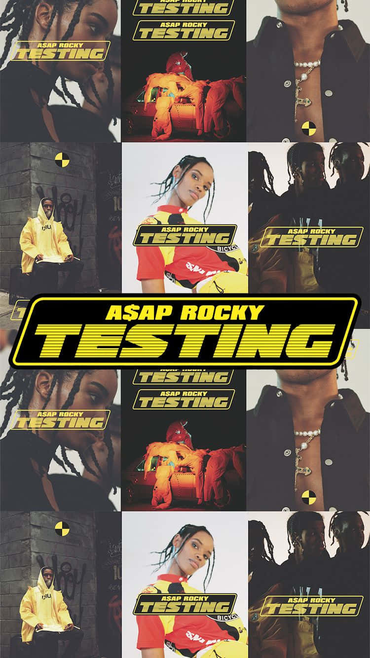 ASAP Rocky 在街頭服飾姿勢中，帶有「TESTING」文字疊加的拼貼畫。