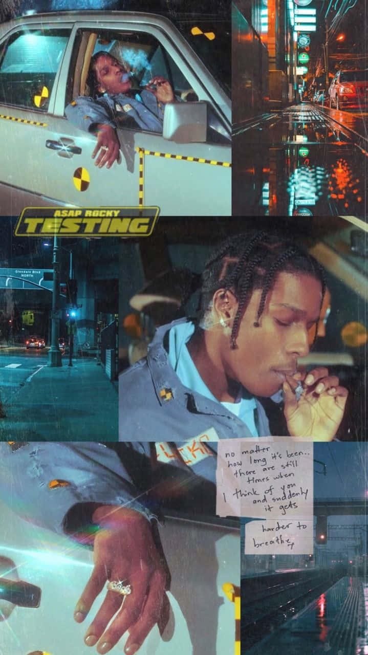 ASAP Rocky 在雨夜中於車內吸煙，伴隨著霓虹燈光。