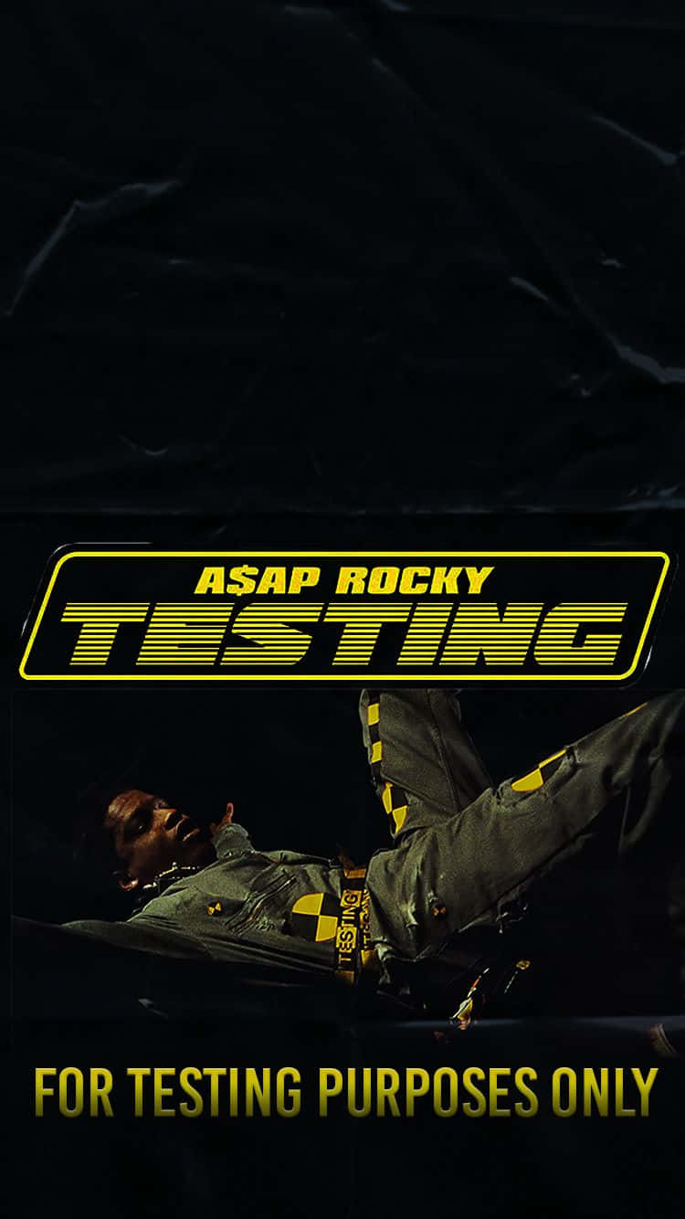 ASAP Rocky 在黑暗環境中，帶有發光黃色文字寫著 'TESTING' 和 'FOR TESTING PURPOSES ONLY'。