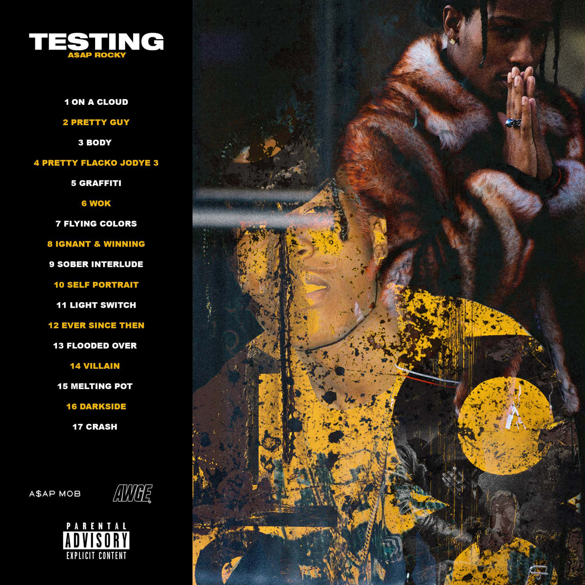 ASAP Rocky 專輯封面，帶有黃色油漆飛濺和曲目列表。