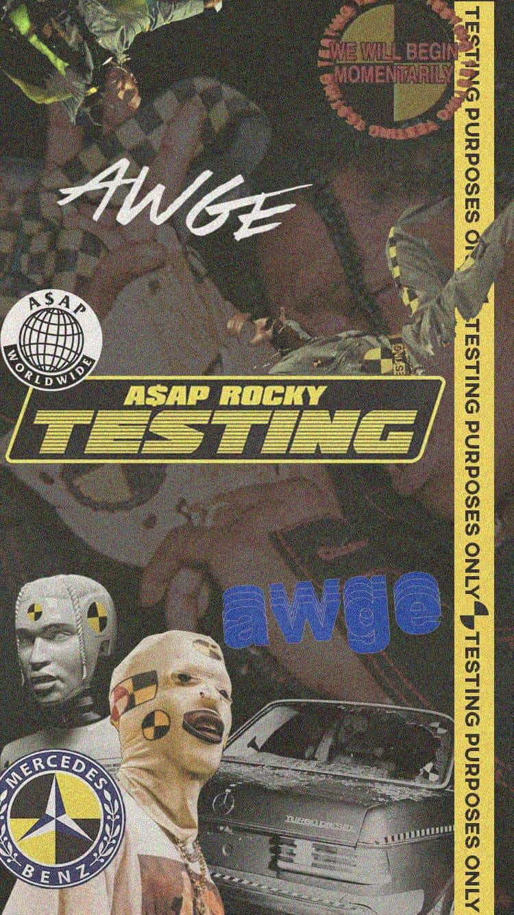 ASAP Rocky 蒙面人物與一輛 Mercedes Benz 汽車和粗體測試文字在拼貼畫中。
