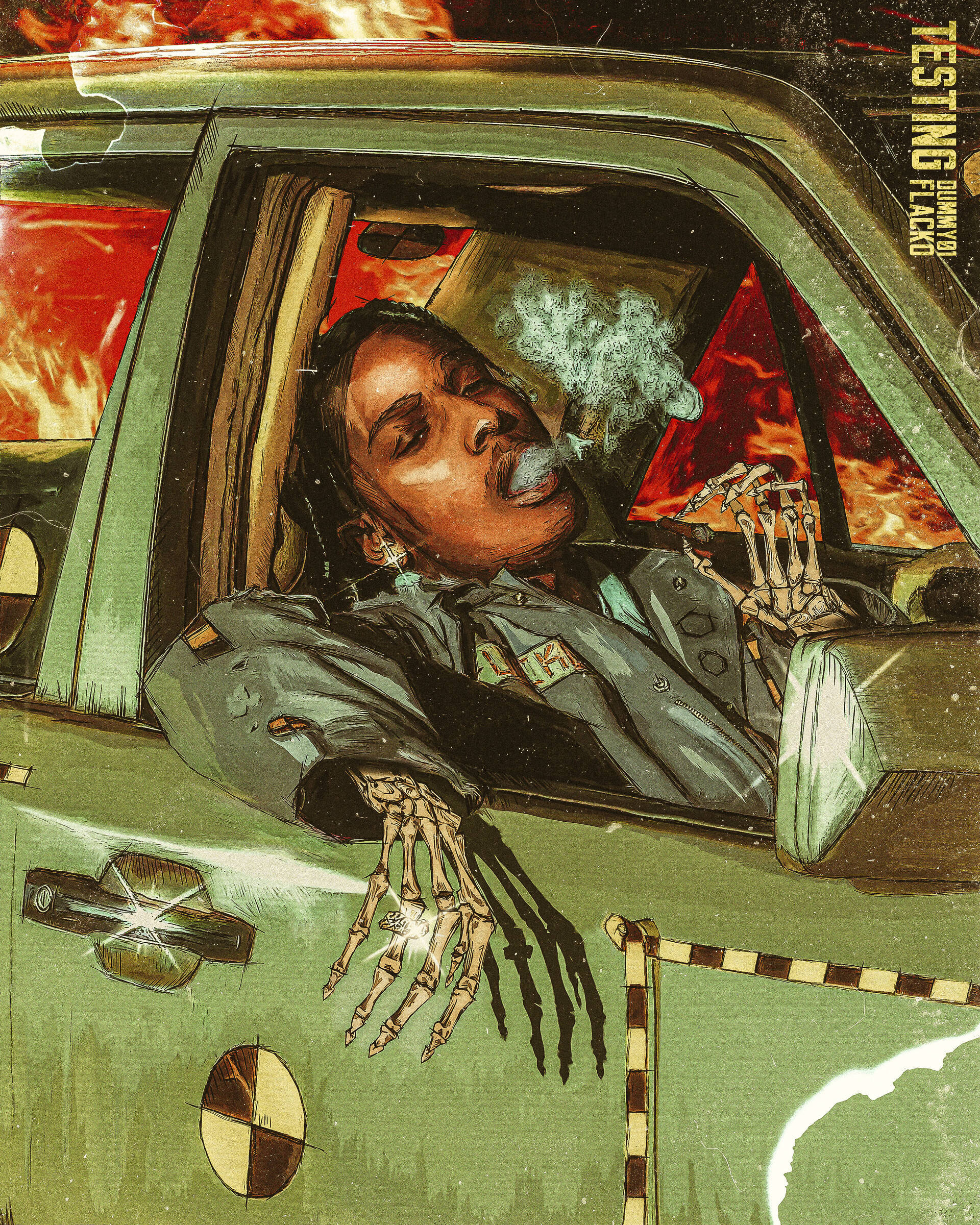 抽菸 Asap Rocky 藝術 壁紙 — 一個骷髏人物懶洋洋地坐在綠色汽車裏，抽着煙，窗外火焰肆虐。