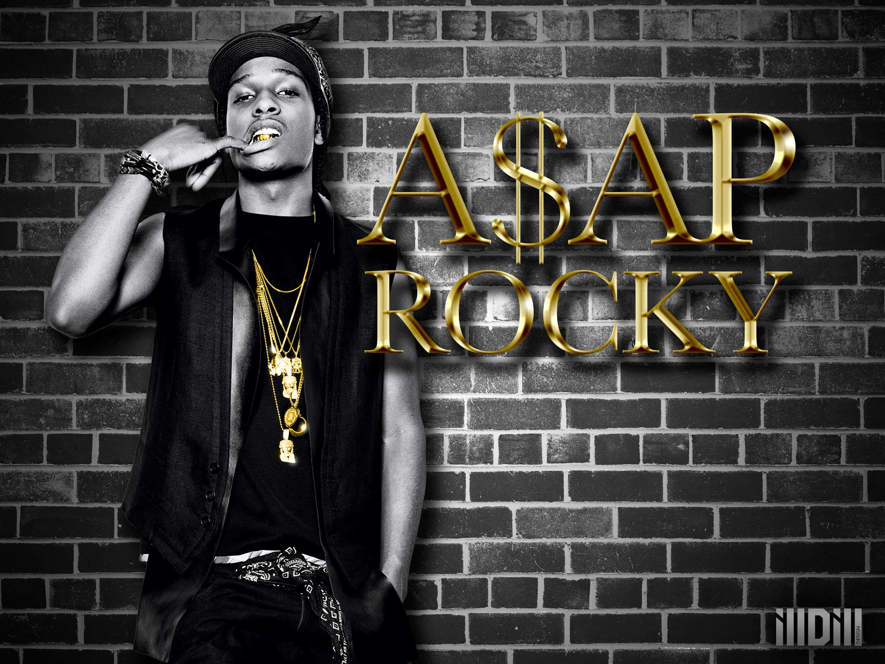 ASAP Rocky 出席 2019 年時裝週 壁紙 — ASAP Rocky 自信地在一面磚牆前擺姿勢，牆上有金色字母拼出他的名字。