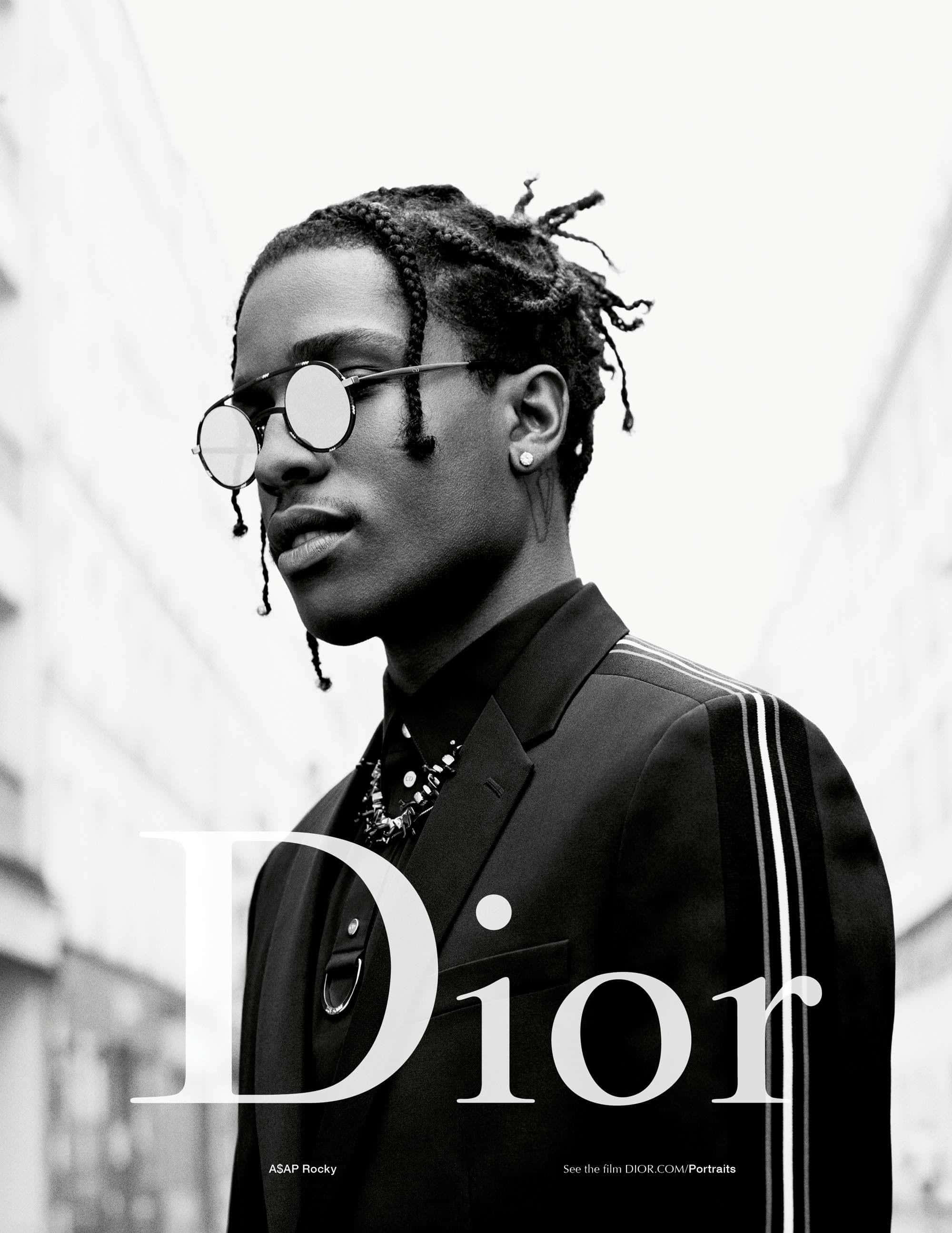 ASAP Rocky 在錄音室展現酷勁 壁紙 — ASAP Rocky 身穿Dior西裝、戴圓形太陽眼鏡、梳辮子，以模糊的城市背景襯托的黑白肖像。