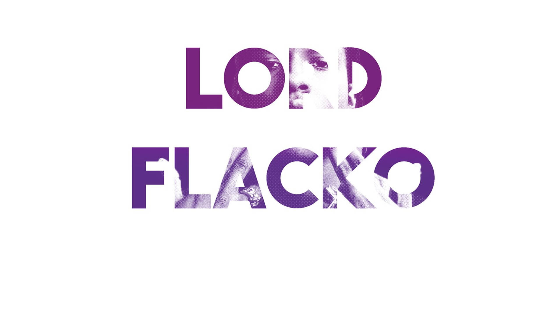 紫色文字 LORD FLACKO，字母內嵌臉部碎片，背景白色