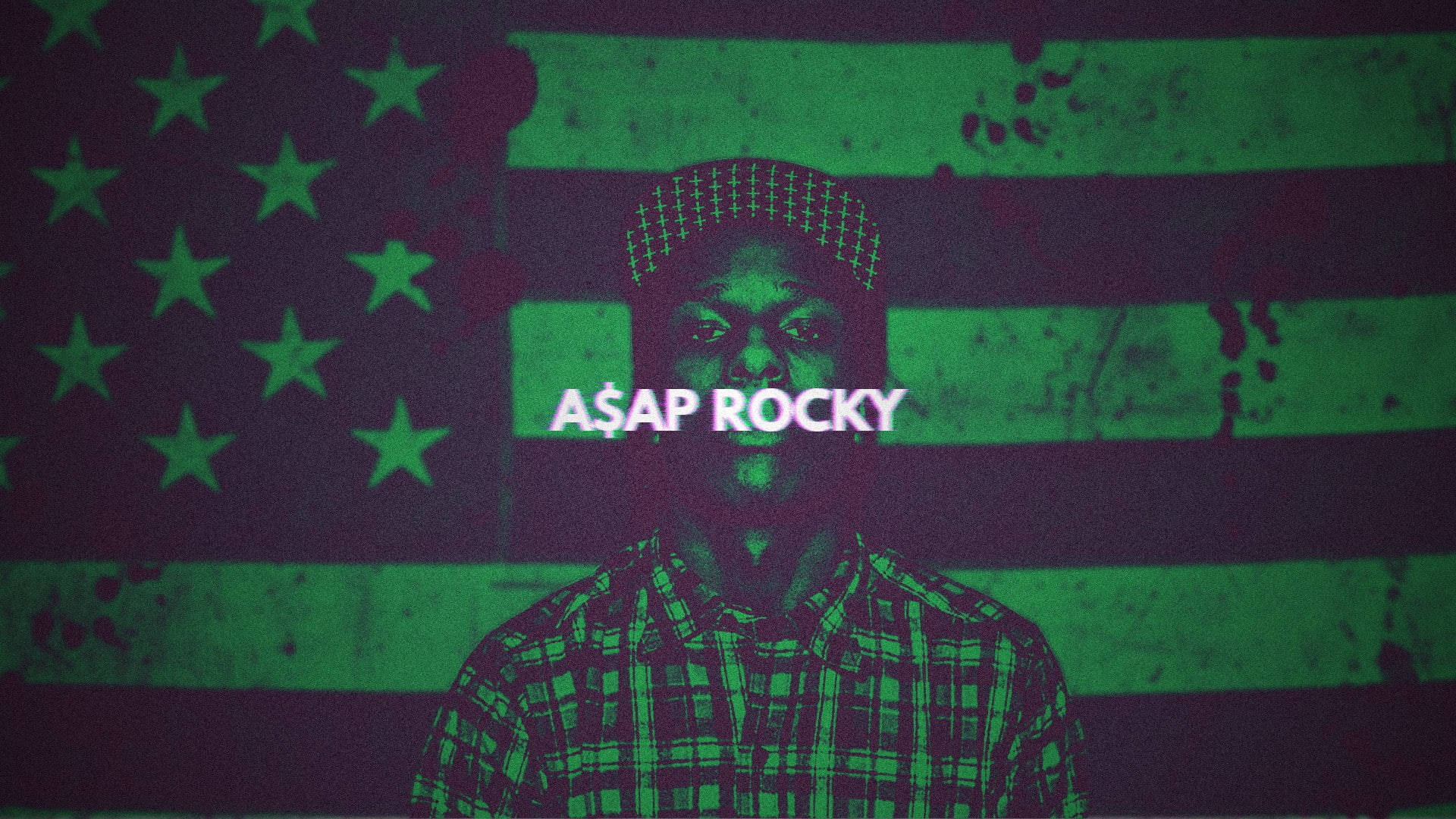 A$AP Rocky 喺一個帶有綠色同紫色色調嘅風格化美國國旗前面。
