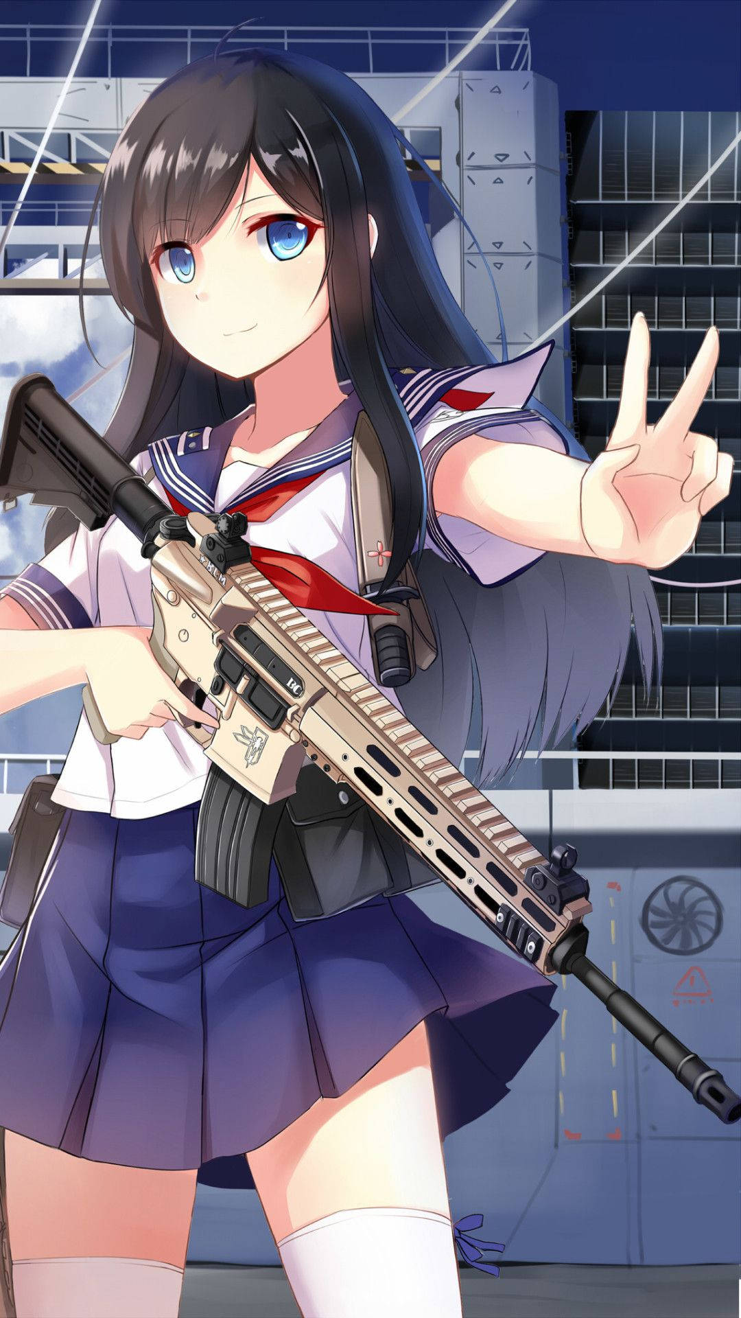 穿著水手服的動漫女孩在夜晚手持步槍比出和平手勢。