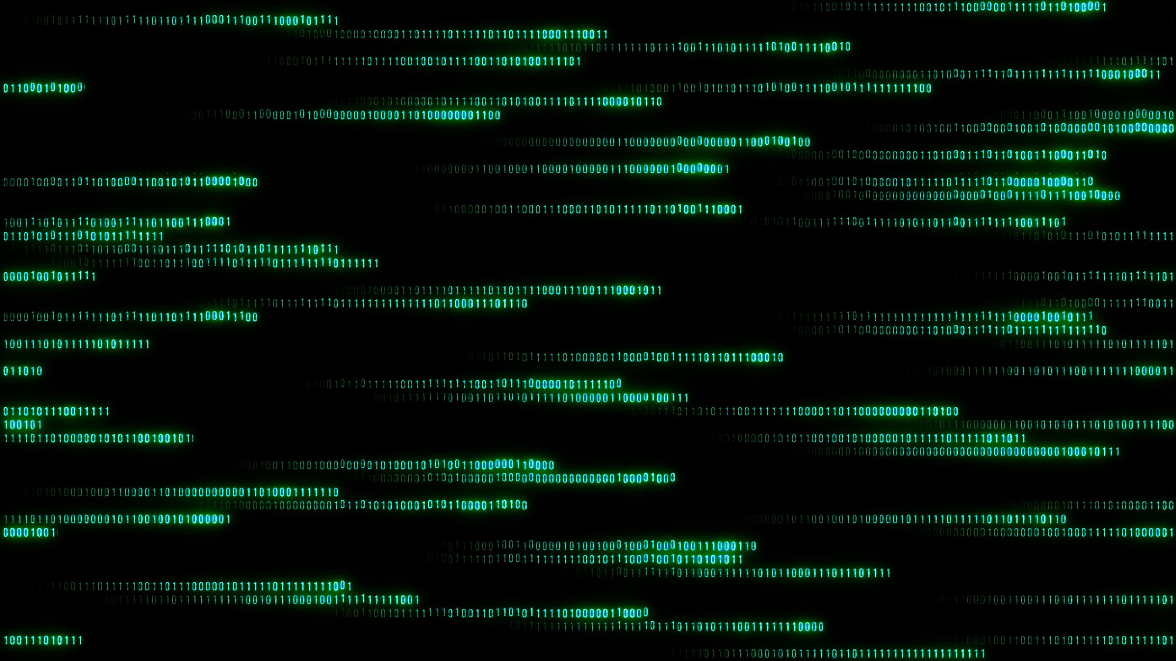 美國標準碼（ASCII） 壁紙 — 綠色二進制代碼流在黑色數字虛空中層疊，呈現未來科技場景。
