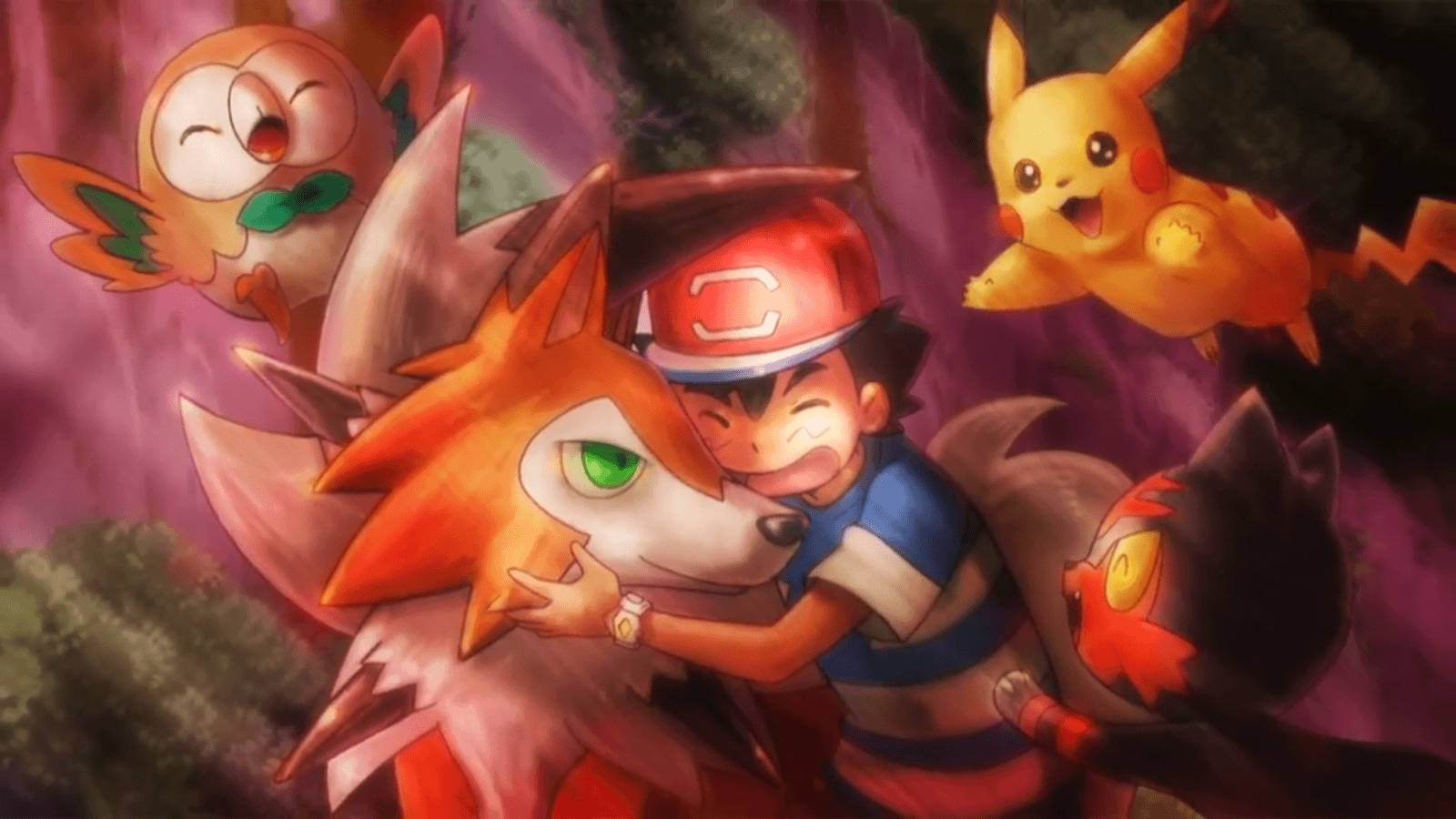 Ash 與進化後的 Rockruff 壁紙 — 一位年輕訓練員擁抱一隻狐狸般的寶可夢，周圍有皮卡丘和其他寶可夢在歡呼，場景充滿活力。