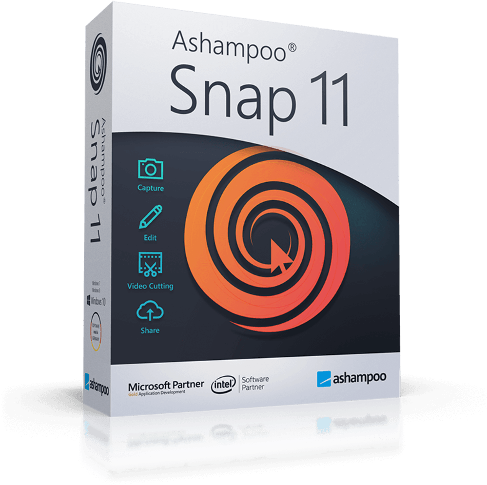 Ashampoo Snap11 軟體包裝 壁紙 — 一個時尚的白色軟件盒，用於 Ashampoo Snap 11，帶有橙色螺旋標誌和用於捕獲、編輯、視頻剪輯和分享的圖標。
