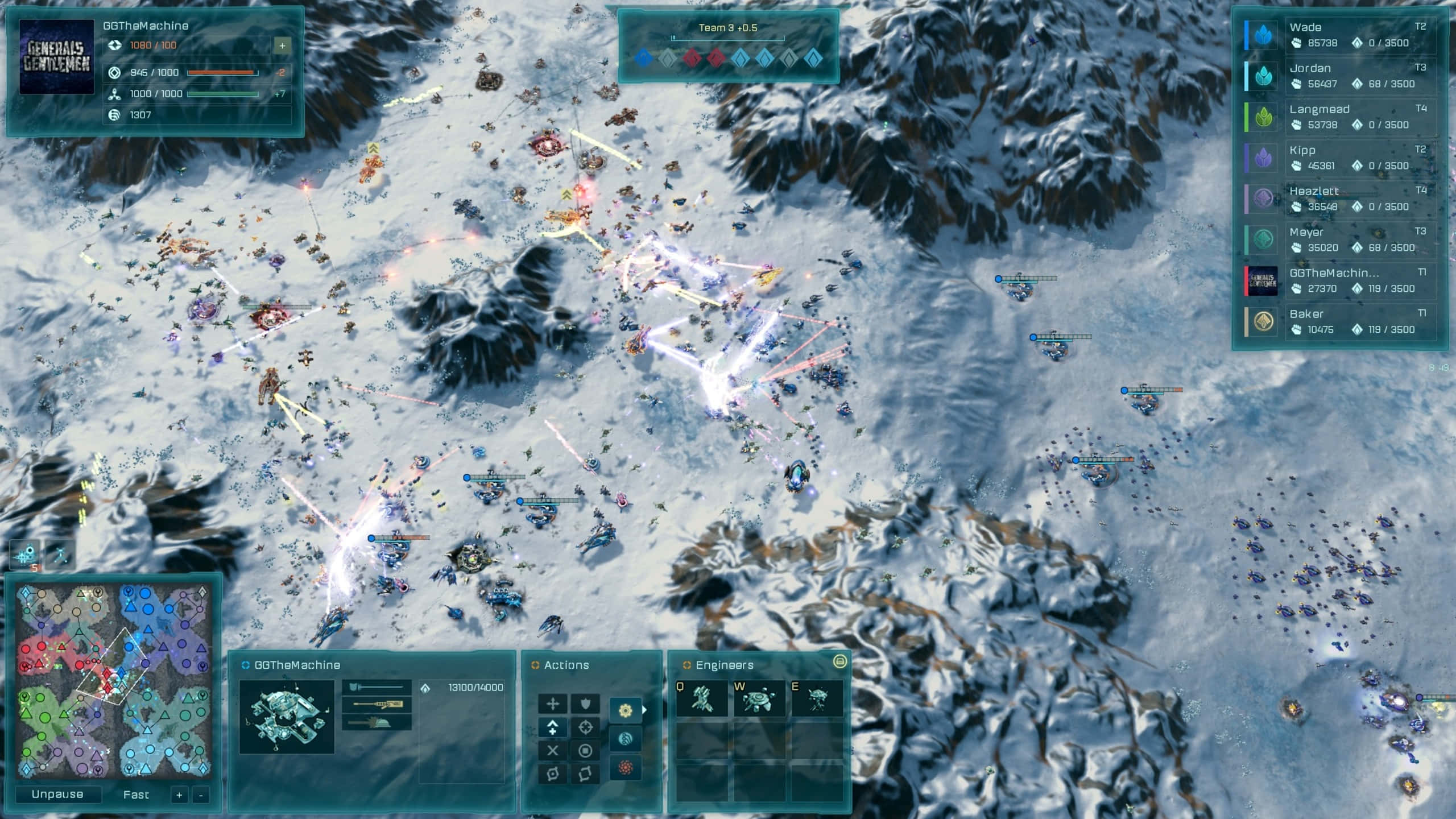《Ashes Of The Singularity Escalation》中的激烈銀河戰爭 壁紙 — 從上往下看的雪地戰場，在策略遊戲中單位正在射擊，UI元素可見。