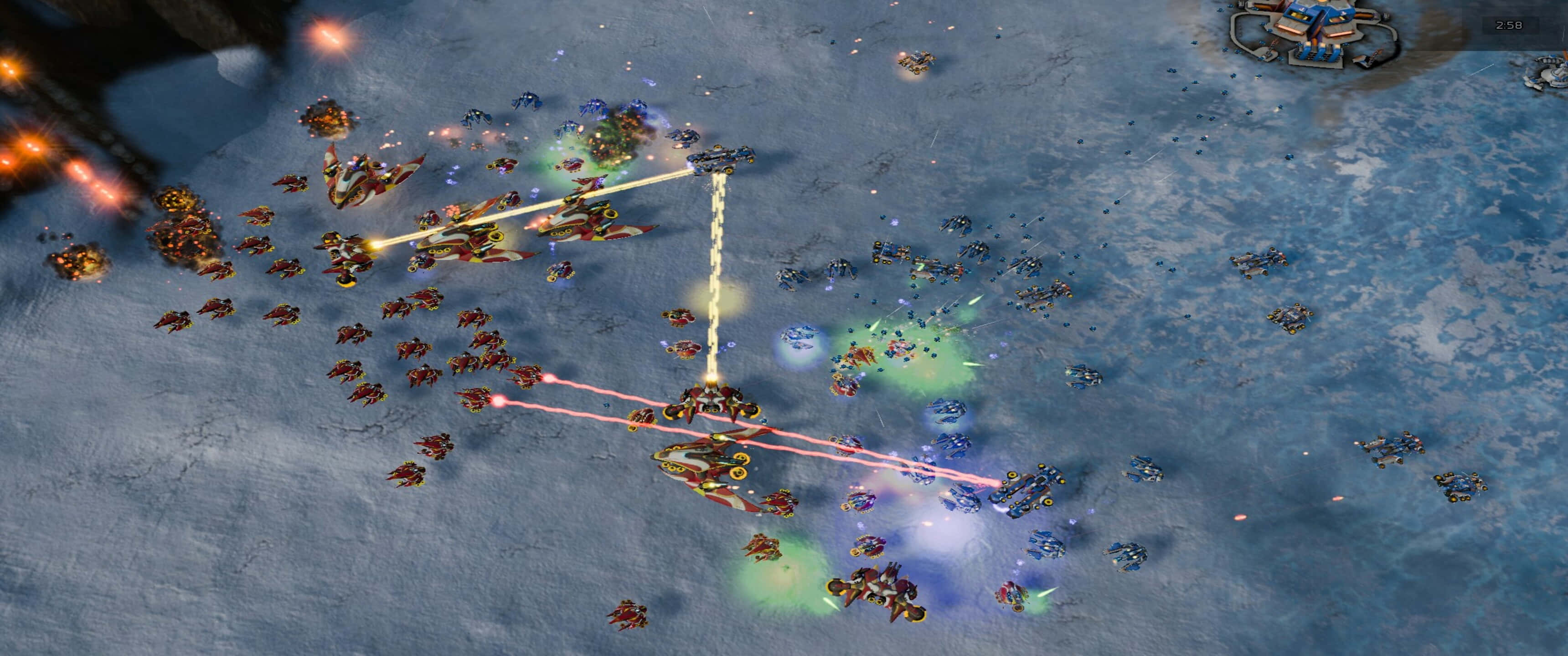 《Ashes of the Singularity Escalation》中的亞當石機械士兵 壁紙 — 從上方俯瞰科幻戰鬥場景，發光的激光束和機械單位在冰冷的戰場上射擊。