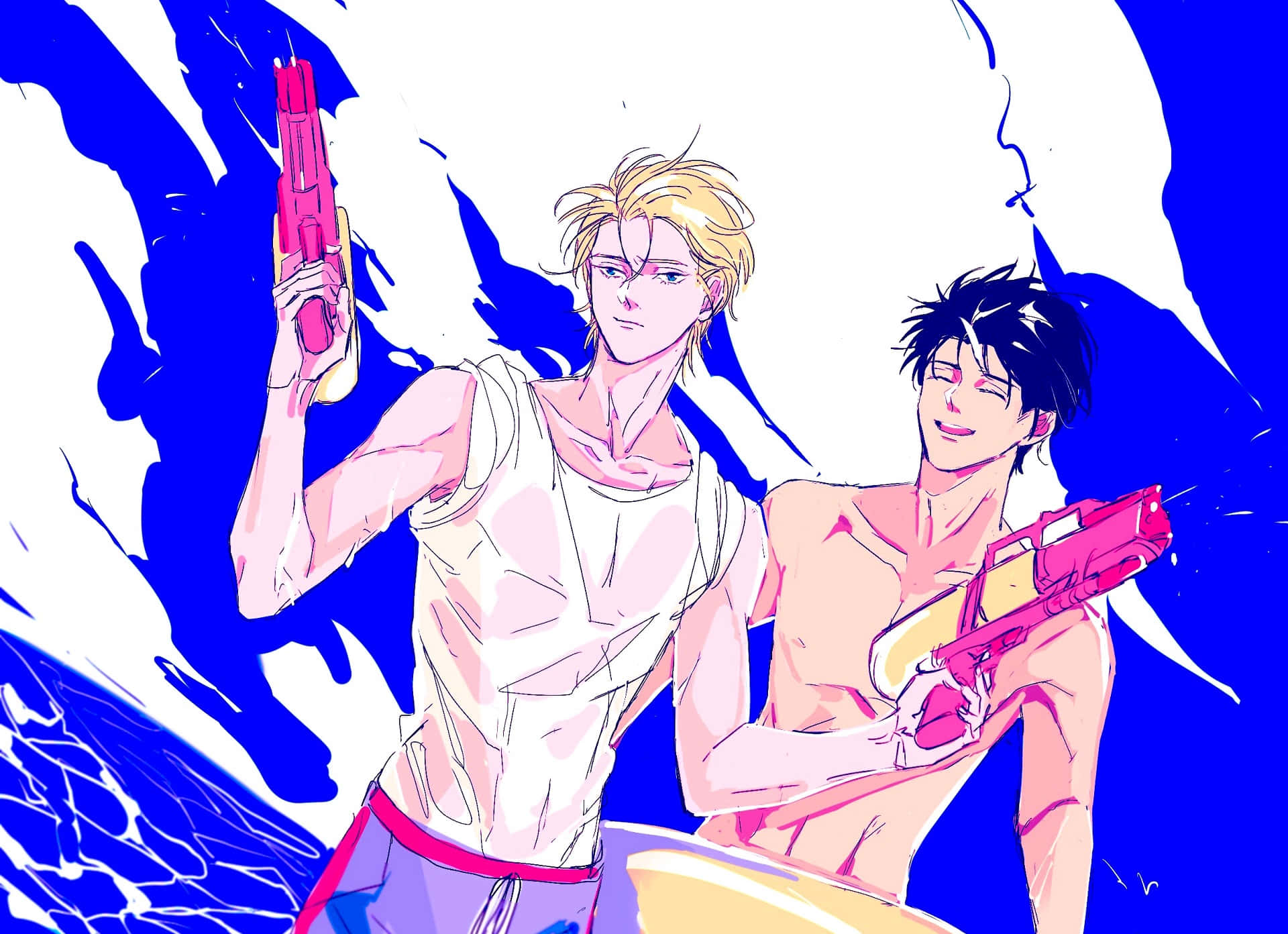 兩個動漫男子喺藍白背景前手持粉紅色水槍。