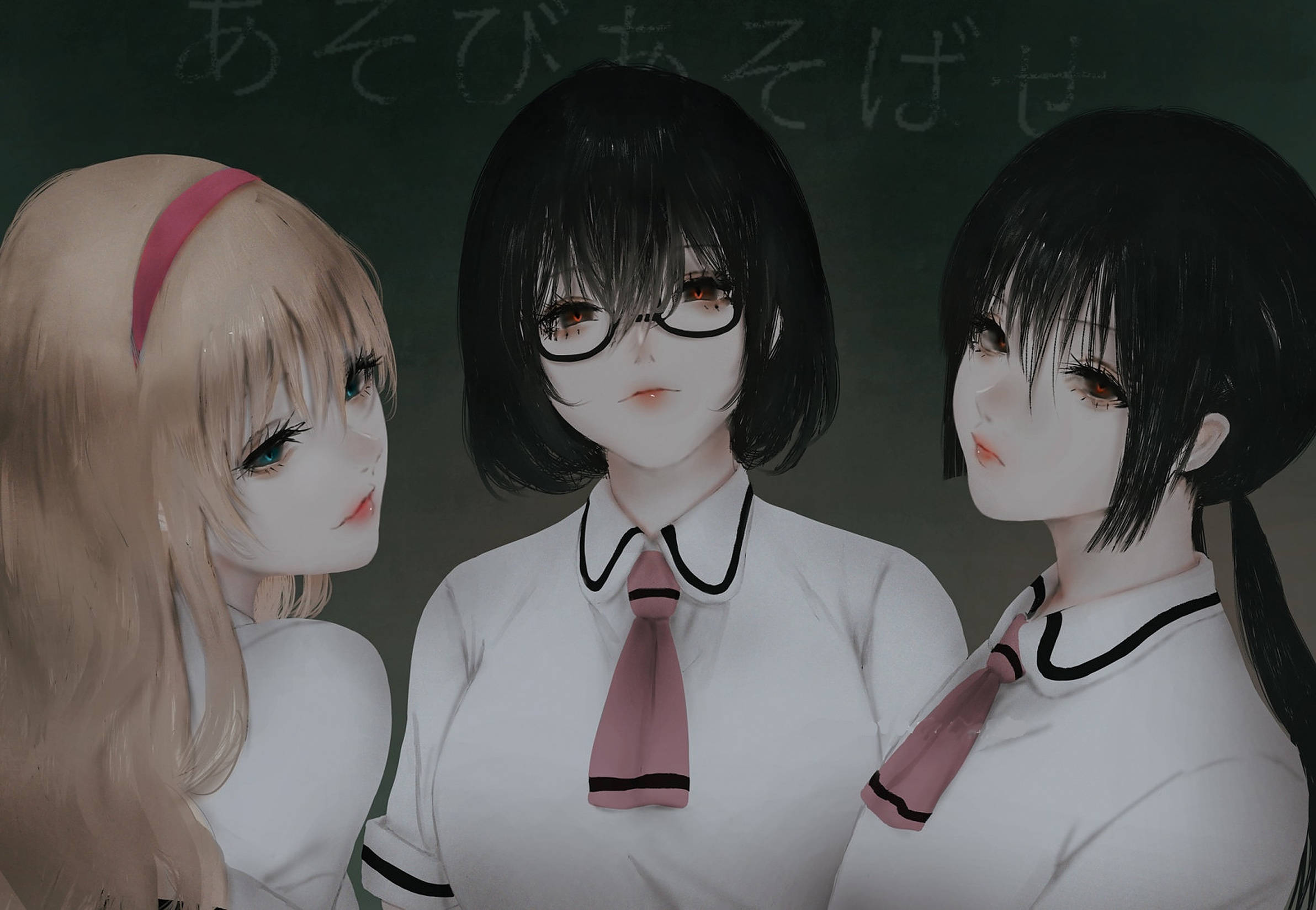 《Asobi Asobase》暗黑藝術 壁紙 — 三個身穿校服嘅動漫女仔企喺黑板前面，黑板上面有日文，其中一個戴眼鏡同粉紅色領呔。